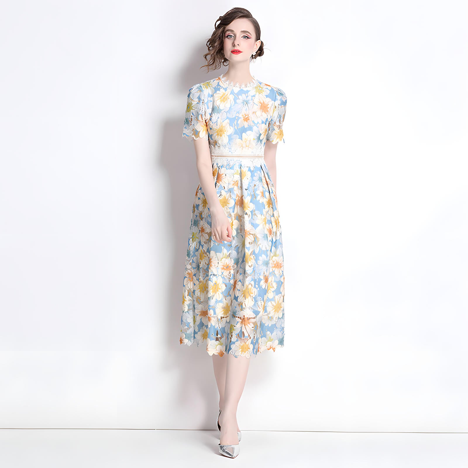 French Printed Flower Lace Jewel Neckline Retro Dress - 795053439134_BAS