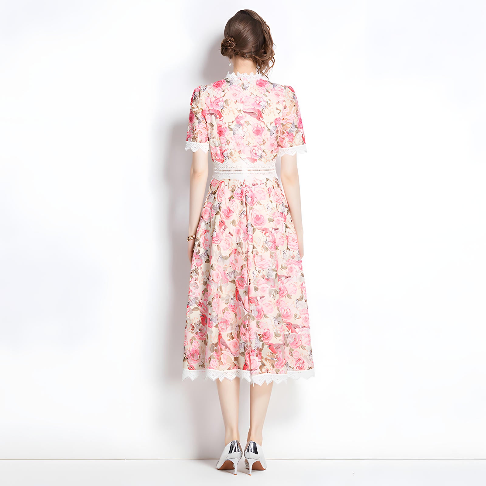 French Printed Flower Lace Jewel Neckline Retro Dress - 795095506797_BAS