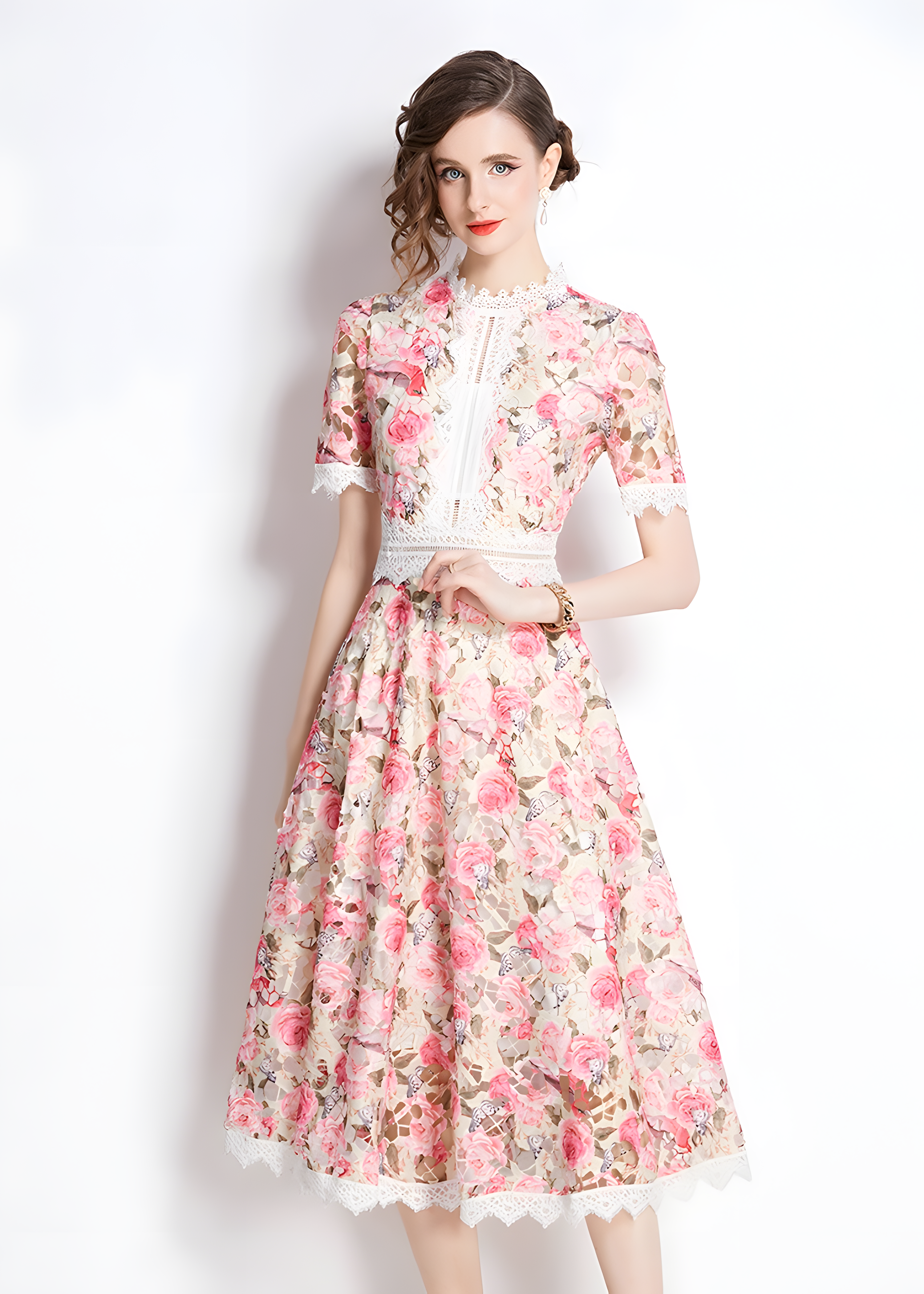 French Printed Flower Lace Jewel Neckline Retro Dress - 795095506797_BAS