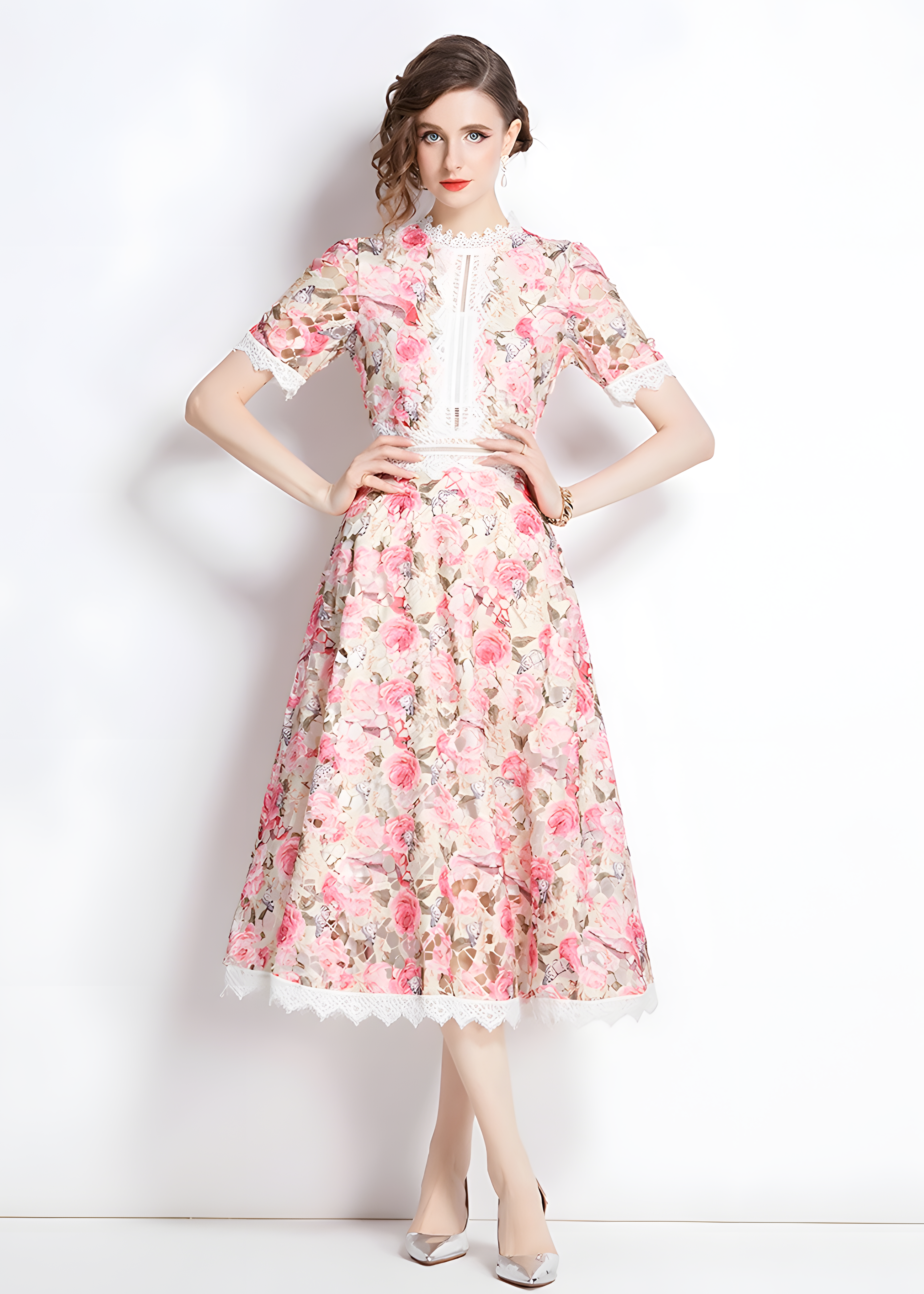 French Printed Flower Lace Jewel Neckline Retro Dress - 795095506797_BAS