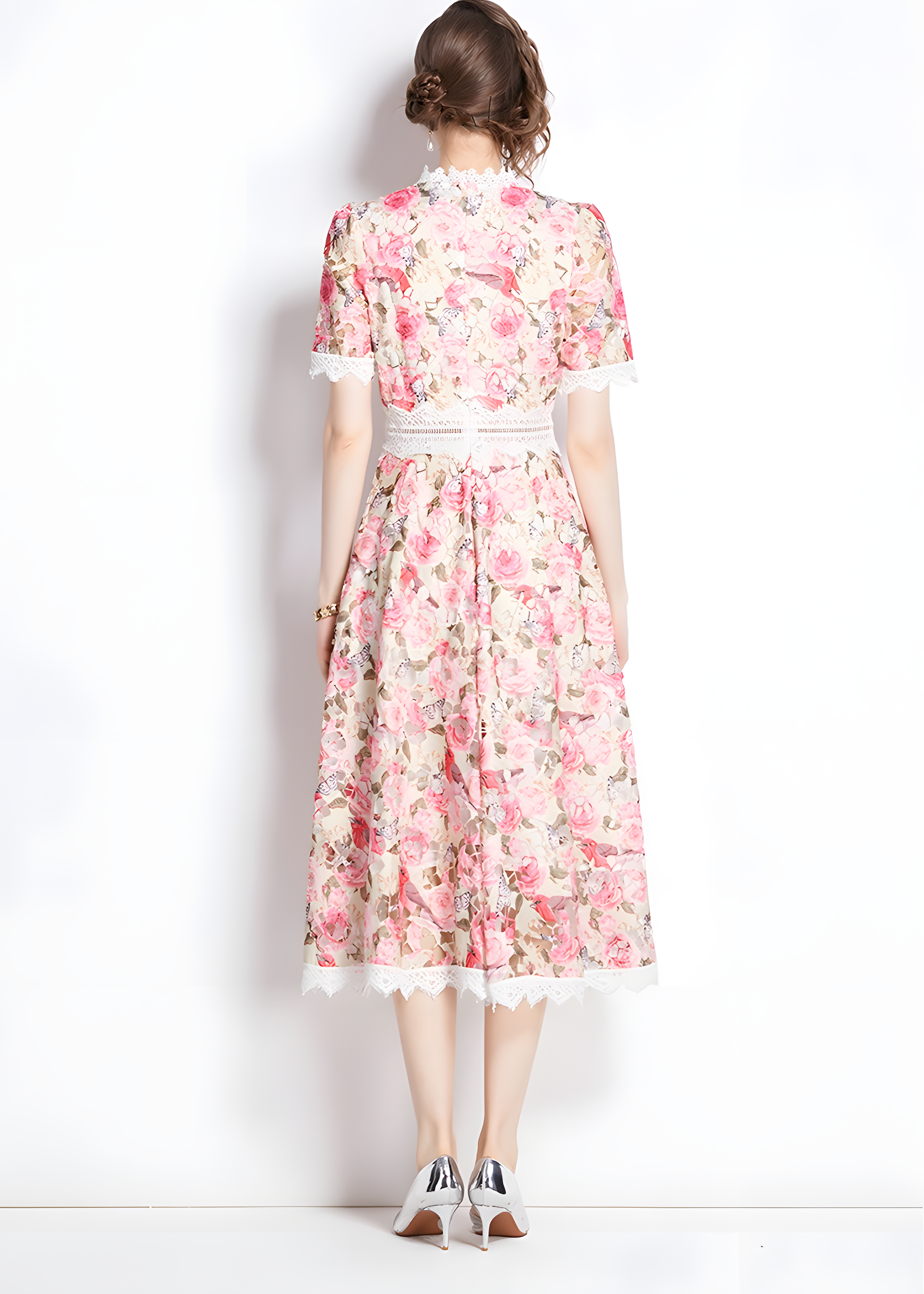 French Printed Flower Lace Jewel Neckline Retro Dress - 795095506797_BAS