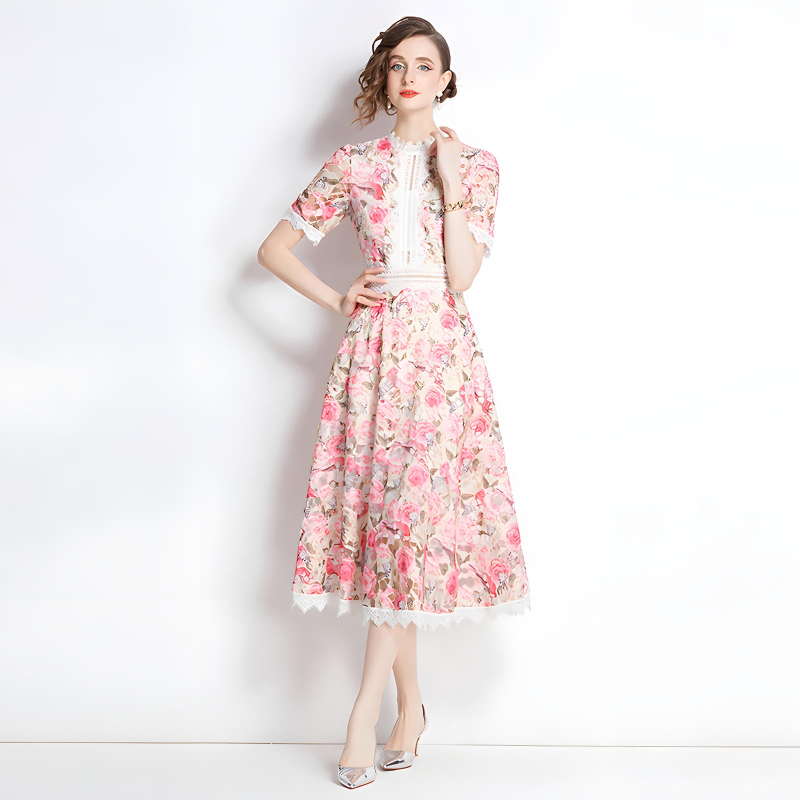 French Printed Flower Lace Jewel Neckline Retro Dress - 795095506797_BAS