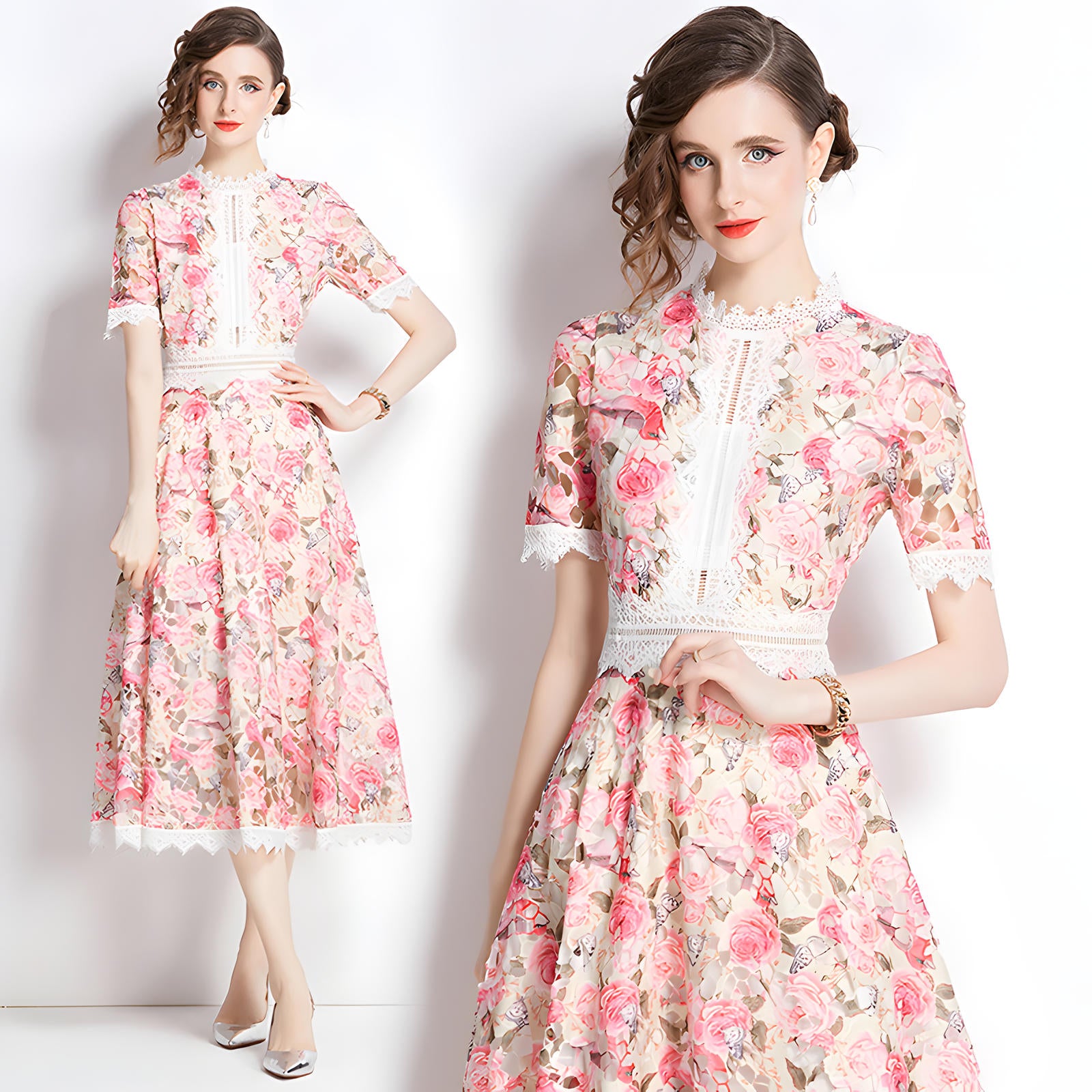 French Printed Flower Lace Jewel Neckline Retro Dress - 795095506797_BAS