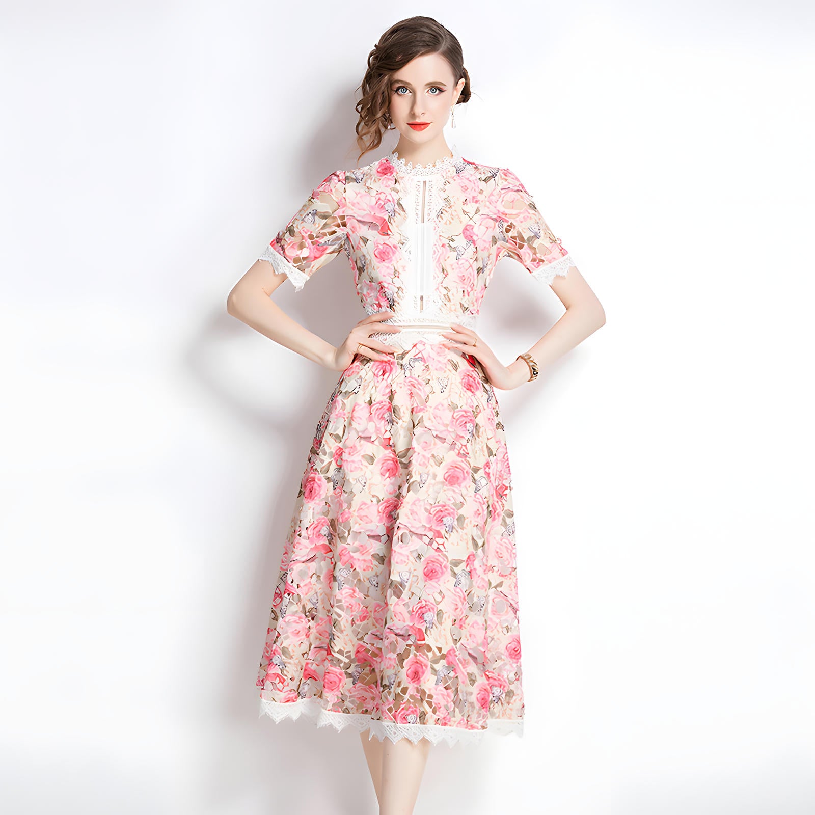 French Printed Flower Lace Jewel Neckline Retro Dress - 795095506797_BAS
