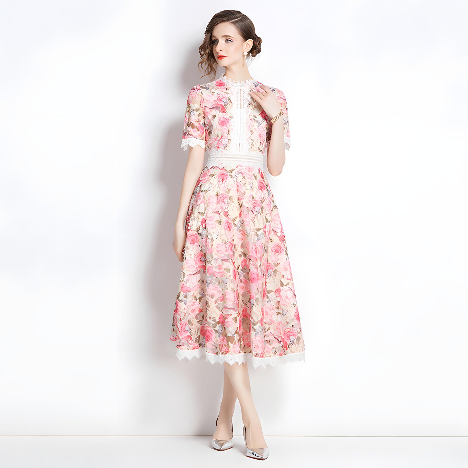 French Printed Flower Lace Jewel Neckline Retro Dress - 795095506797_BAS
