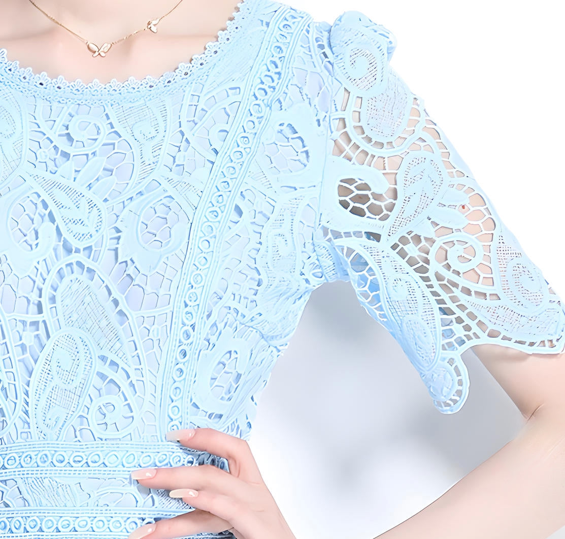 Lake Blue French Lace Crew Neck Midi Dress	- 799895915708_BAS