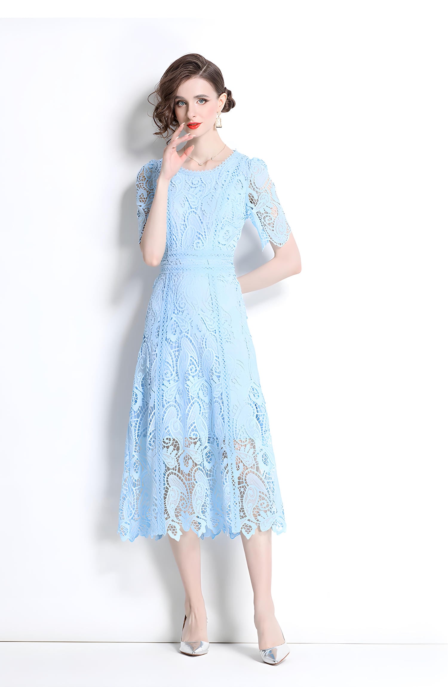Lake Blue French Lace Crew Neck Midi Dress	- 799895915708_BAS