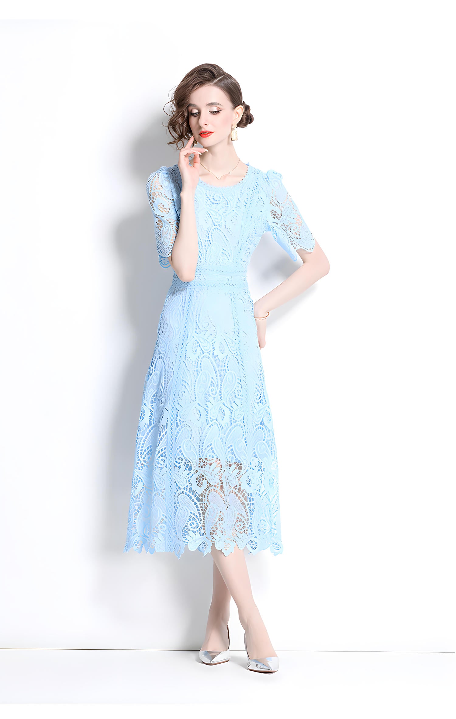 Lake Blue French Lace Crew Neck Midi Dress	- 799895915708_BAS
