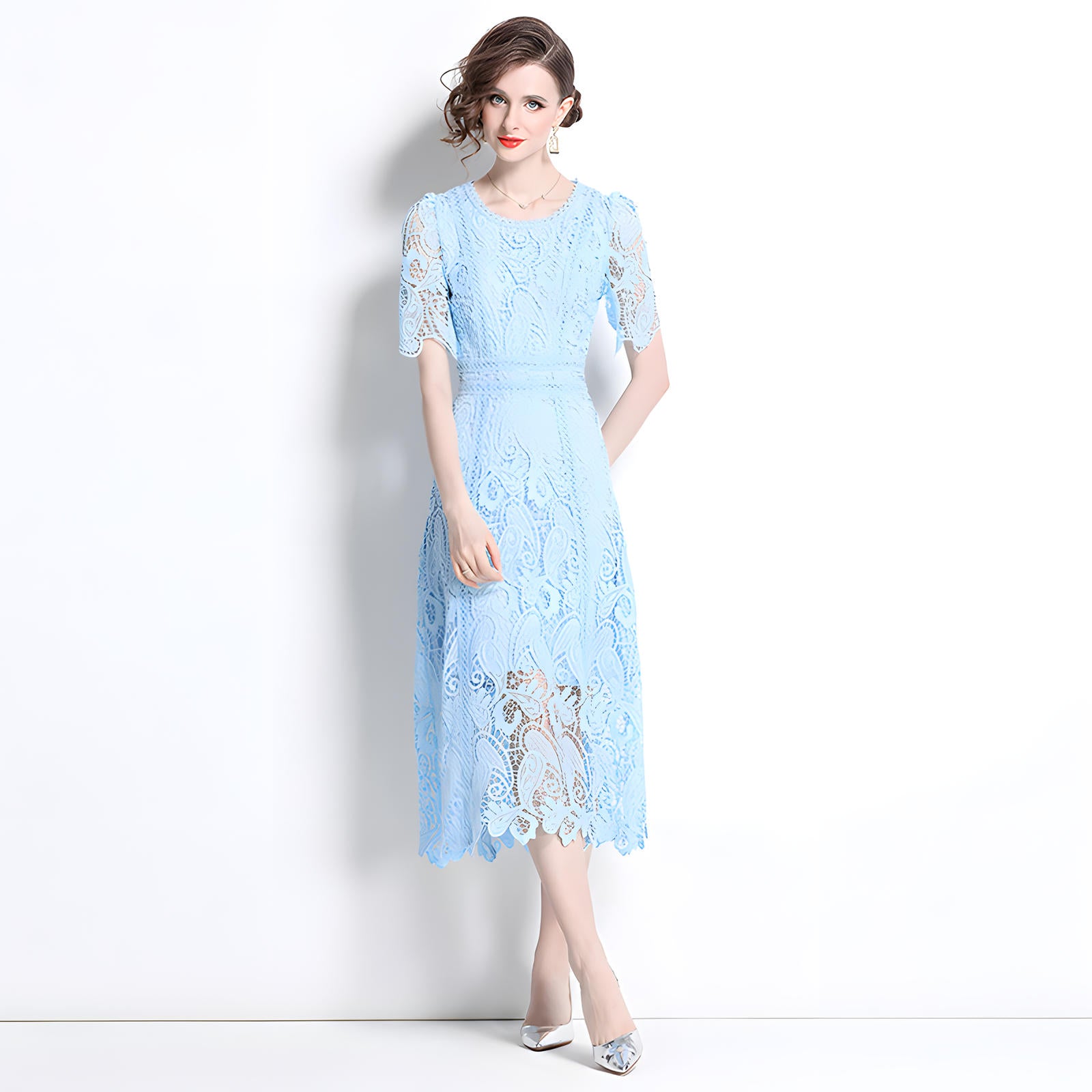 Lake Blue French Lace Crew Neck Midi Dress	- 799895915708_BAS