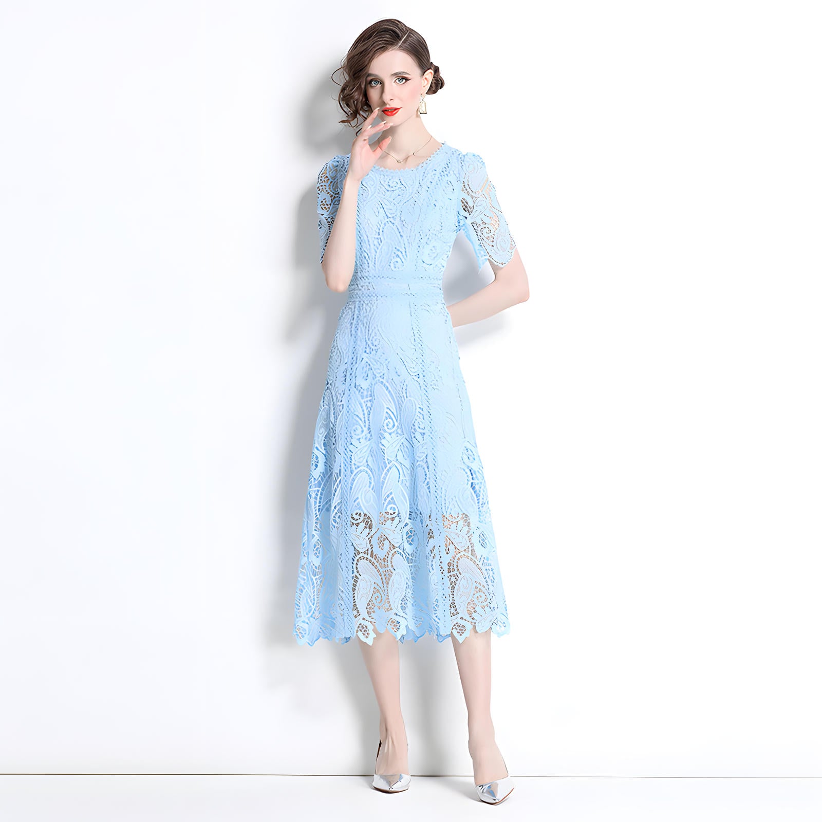 Lake Blue French Lace Crew Neck Midi Dress	- 799895915708_BAS