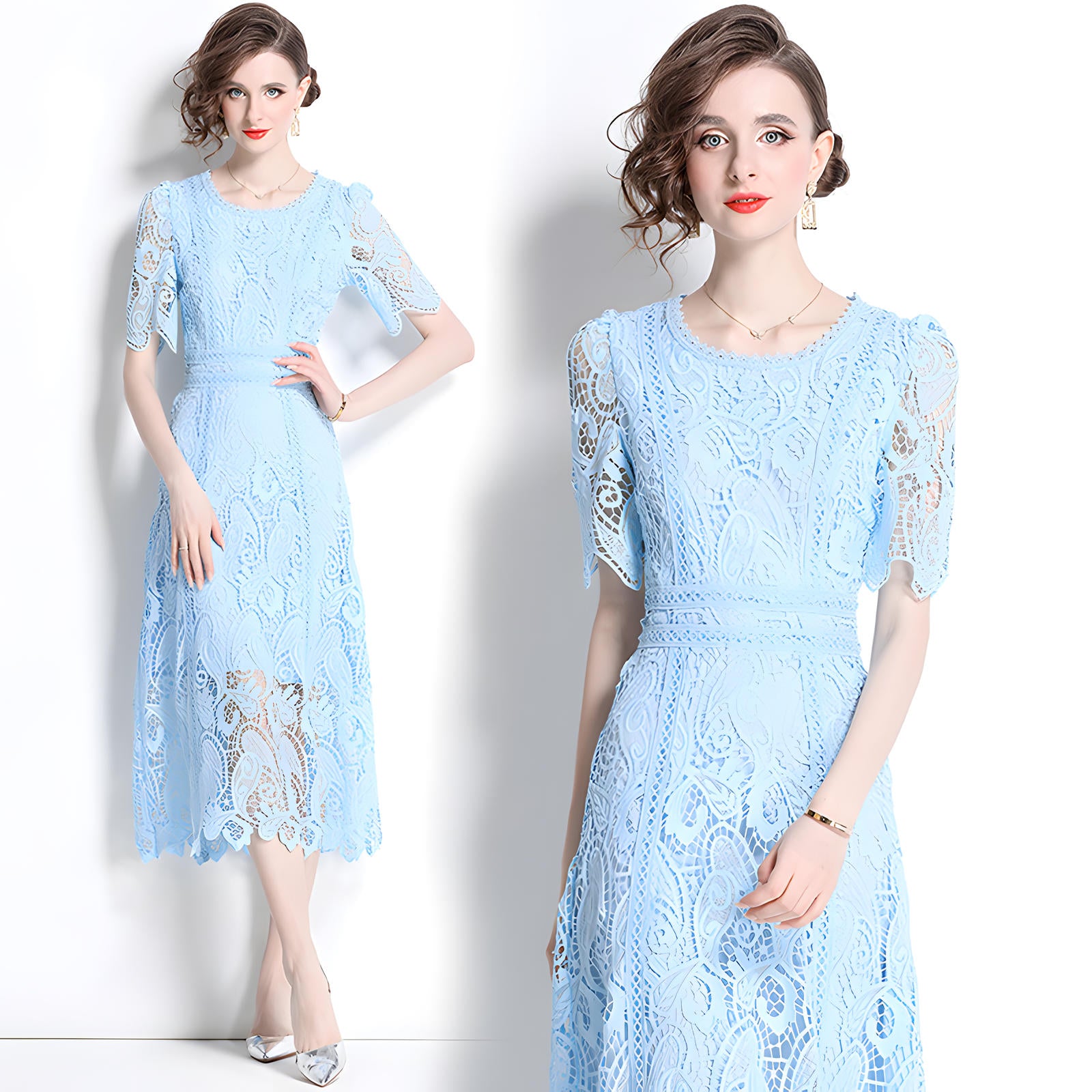 Lake Blue French Lace Crew Neck Midi Dress	- 799895915708_BAS