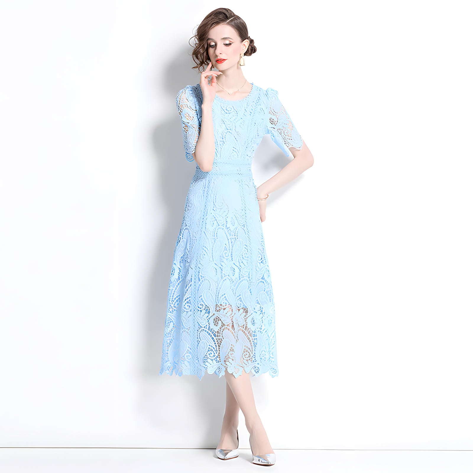 Lake Blue French Lace Crew Neck Midi Dress	- 799895915708_BAS