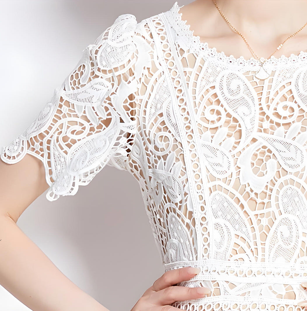 Crew Neck French Lace Nude and White Dress - 799988142077_BAS