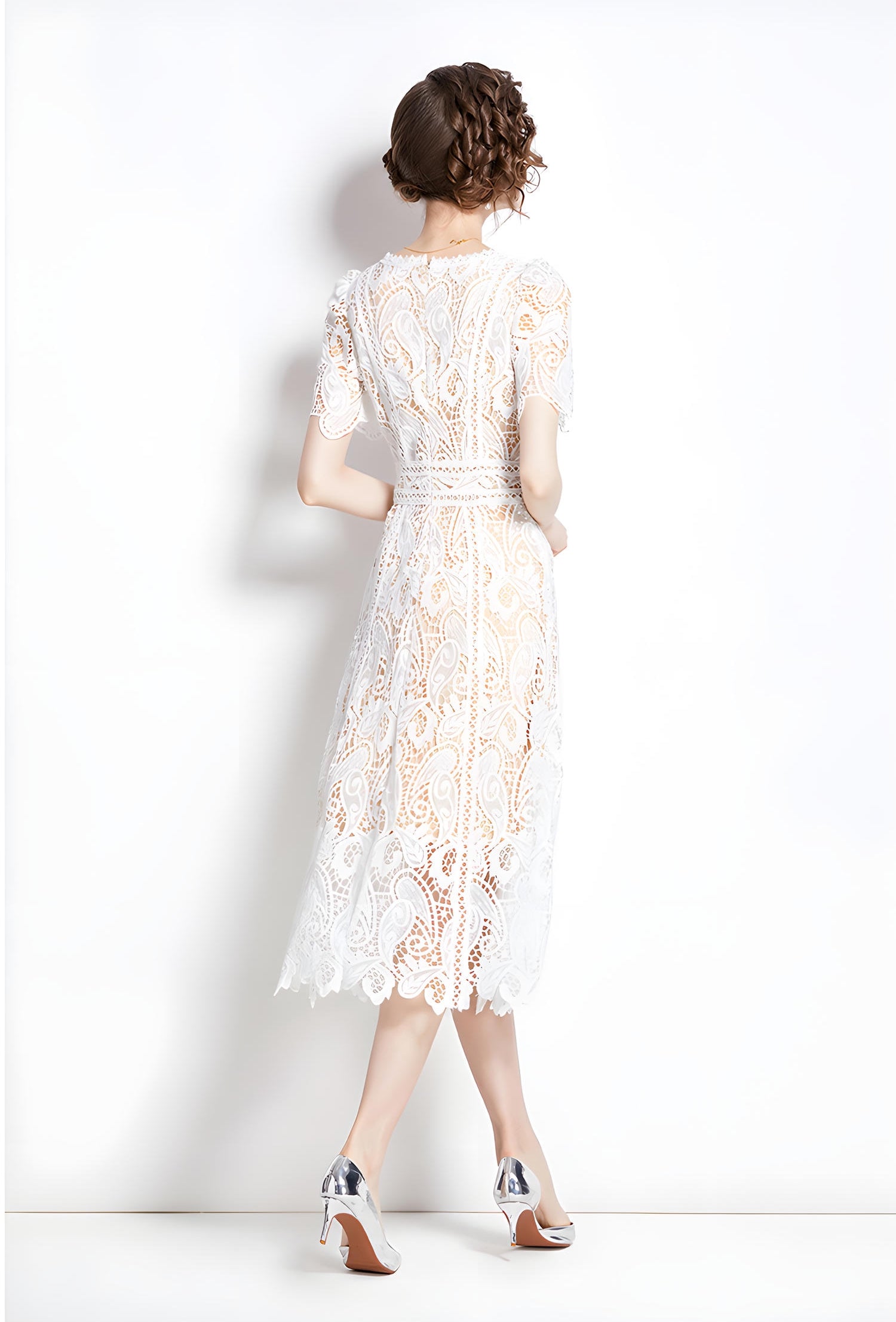 Crew Neck French Lace Nude and White Dress - 799988142077_BAS