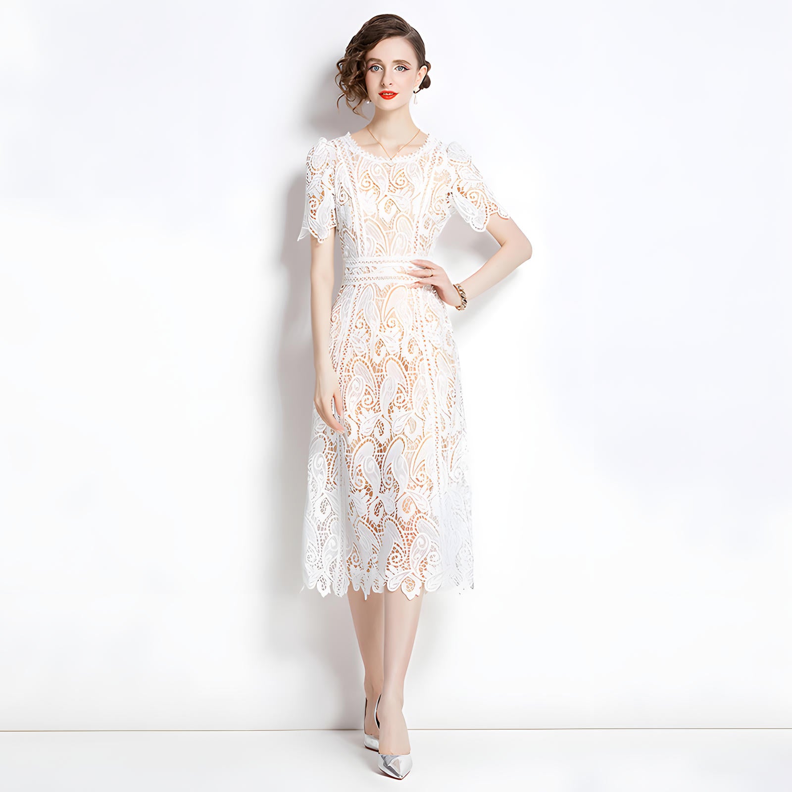 Crew Neck French Lace Nude and White Dress - 799988142077_BAS