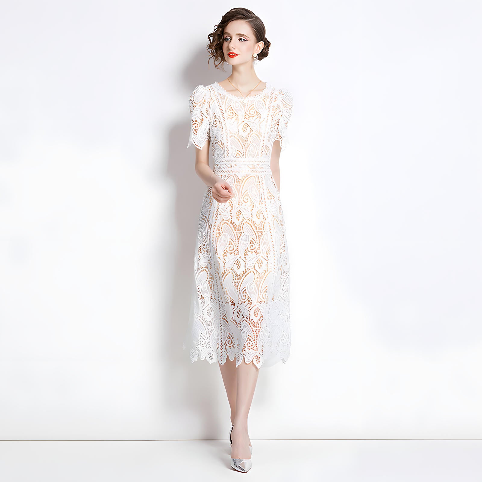 Crew Neck French Lace Nude and White Dress - 799988142077_BAS