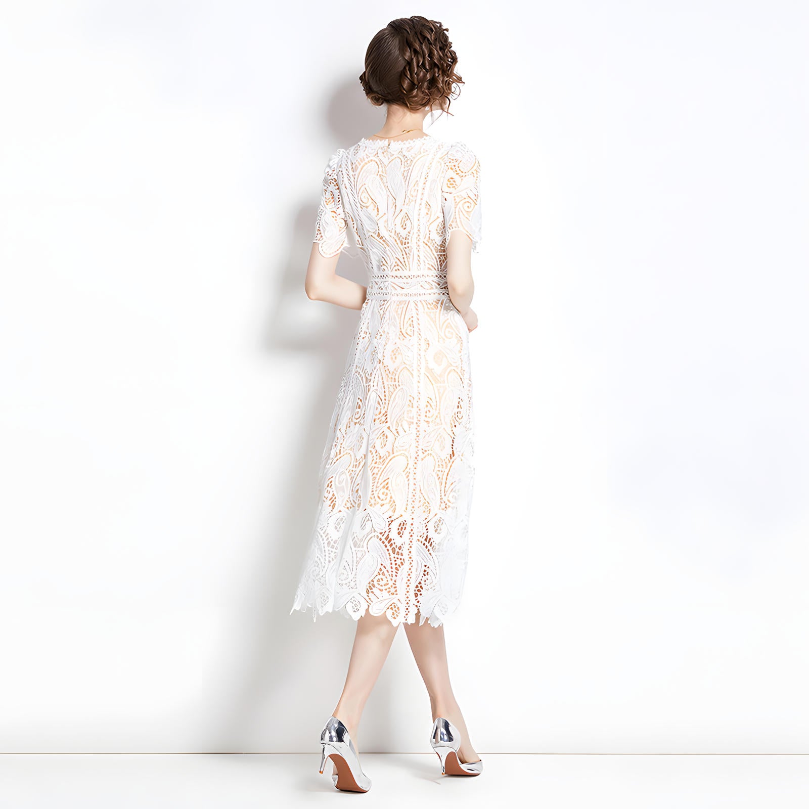 Crew Neck French Lace Nude and White Dress - 799988142077_BAS