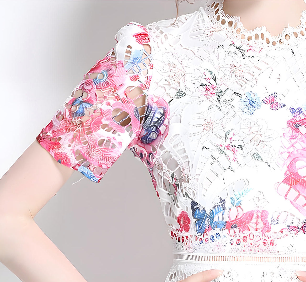 Printed Flower French Lace Jewel Neckline Dress - 799908475099_BAS