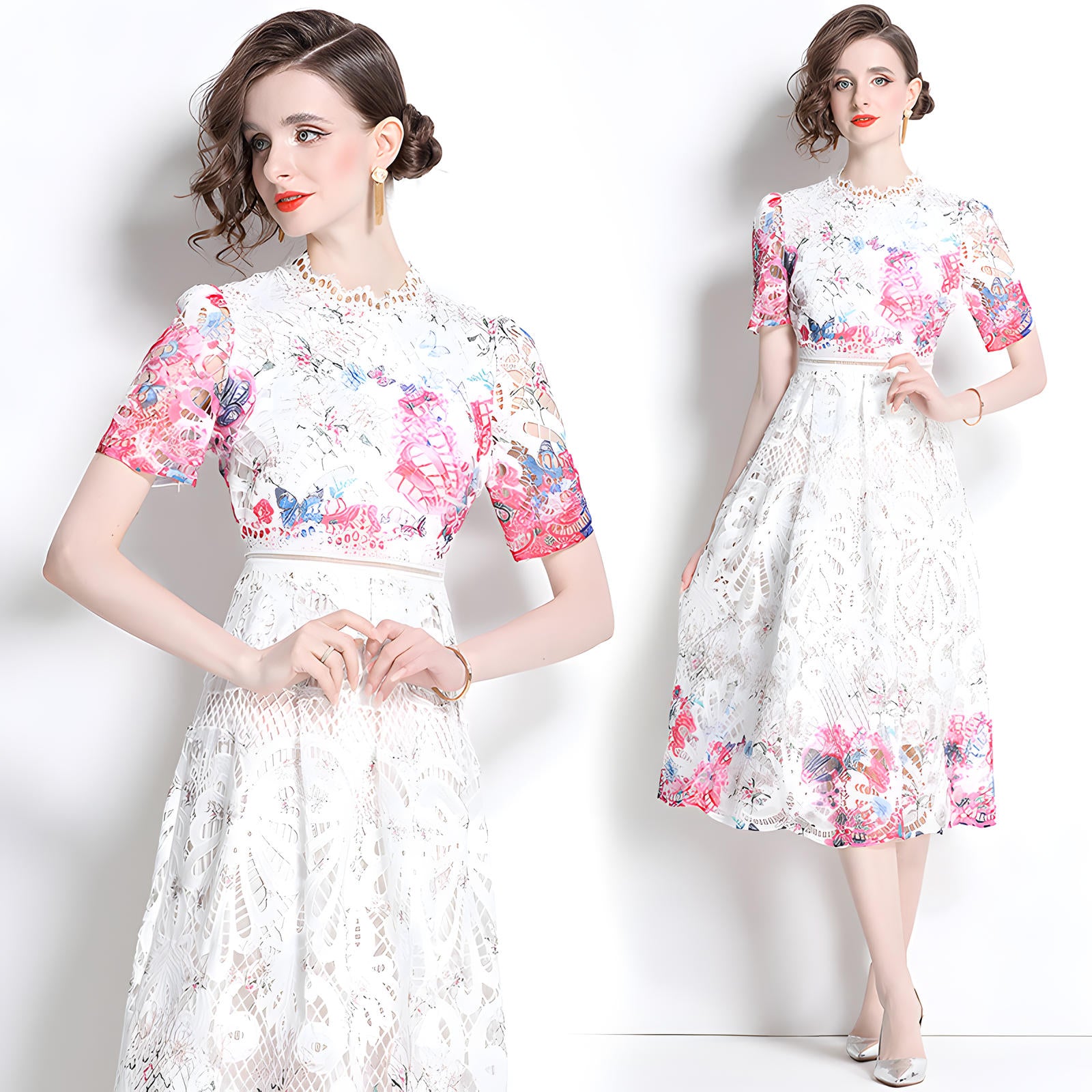 Printed Flower French Lace Jewel Neckline Dress - 799908475099_BAS