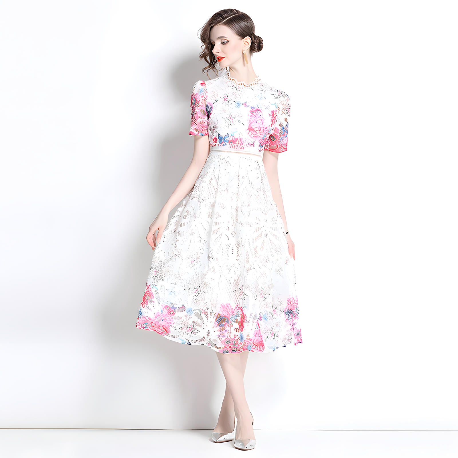 Printed Flower French Lace Jewel Neckline Dress - 799908475099_BAS