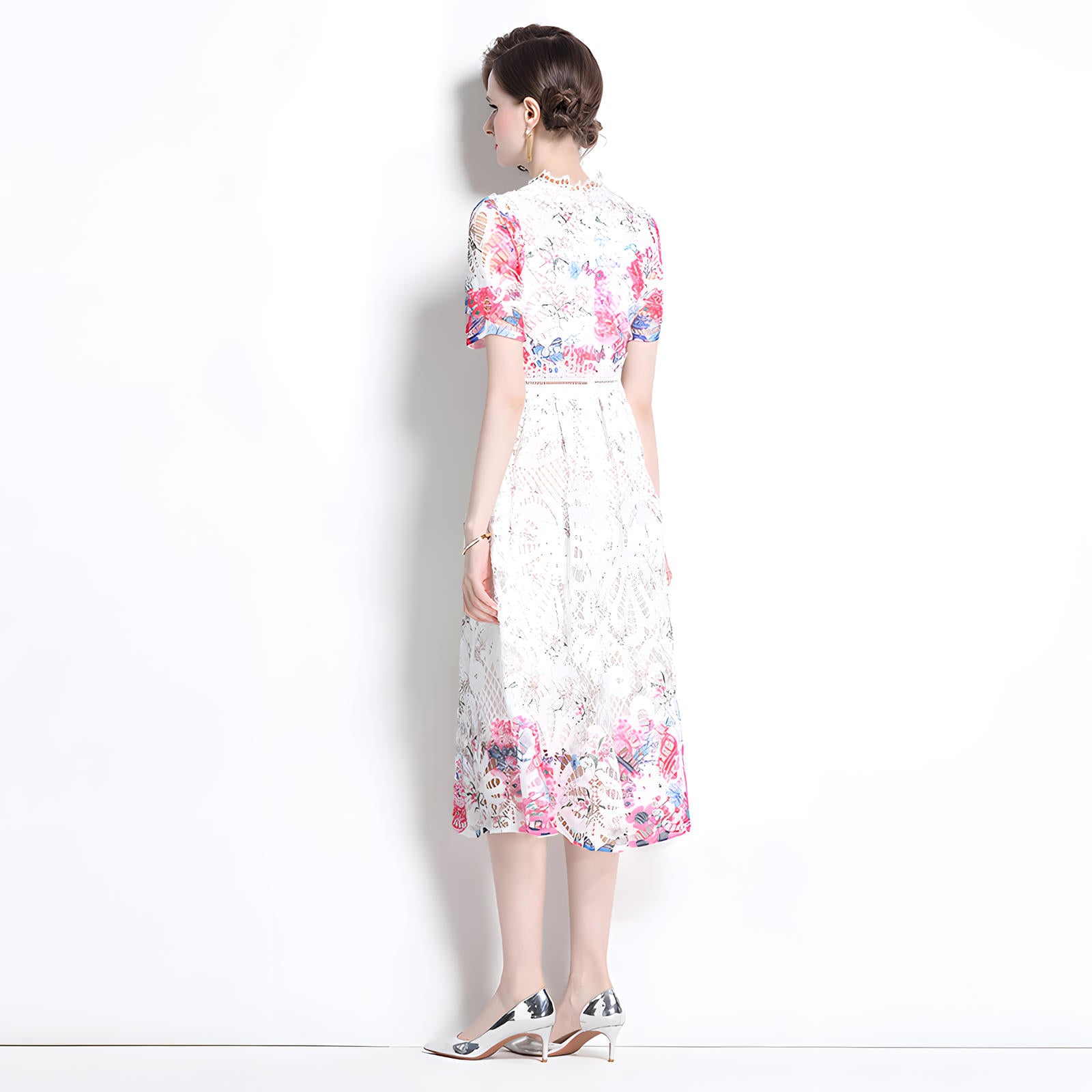 Printed Flower French Lace Jewel Neckline Dress - 799908475099_BAS