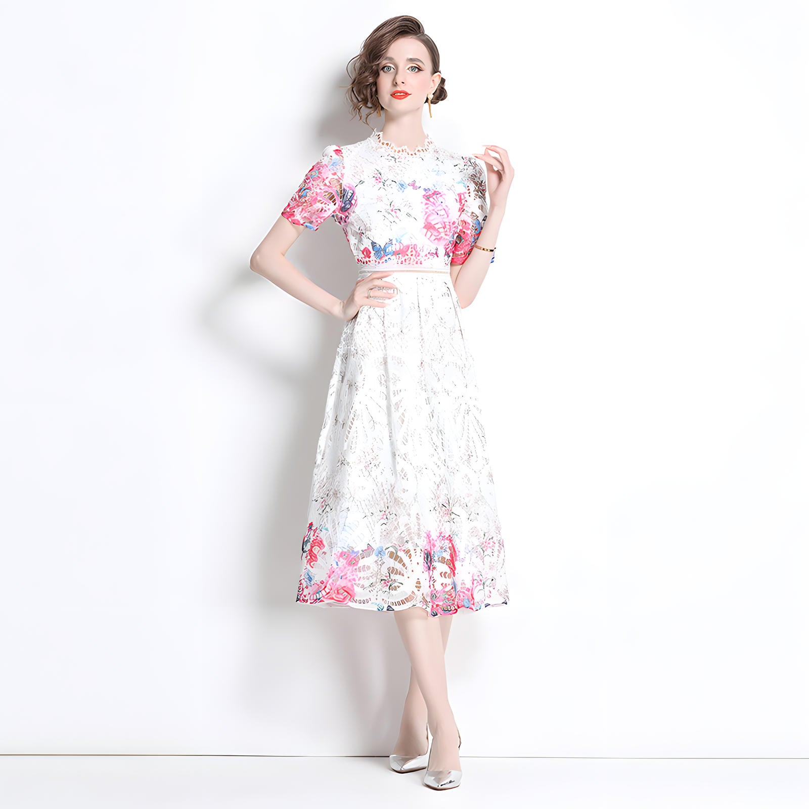Printed Flower French Lace Jewel Neckline Dress - 799908475099_BAS