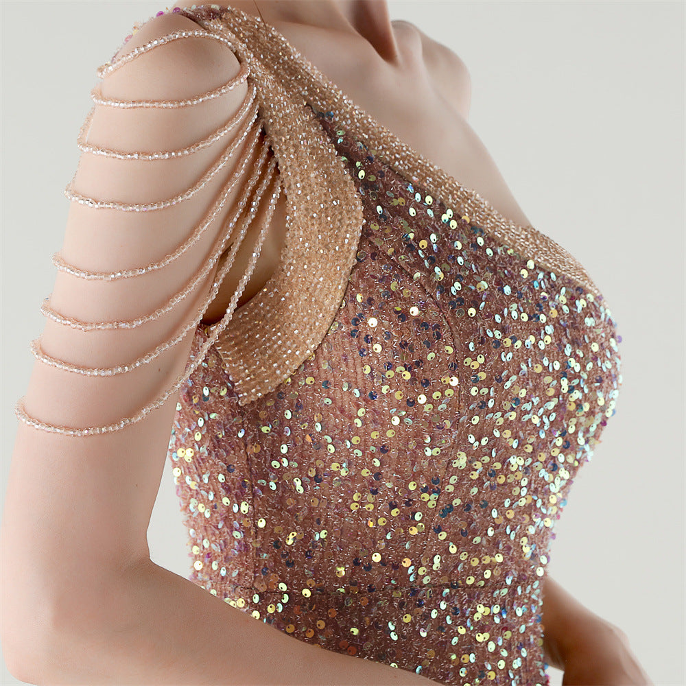 Champagne Radiance One-Shoulder Gown