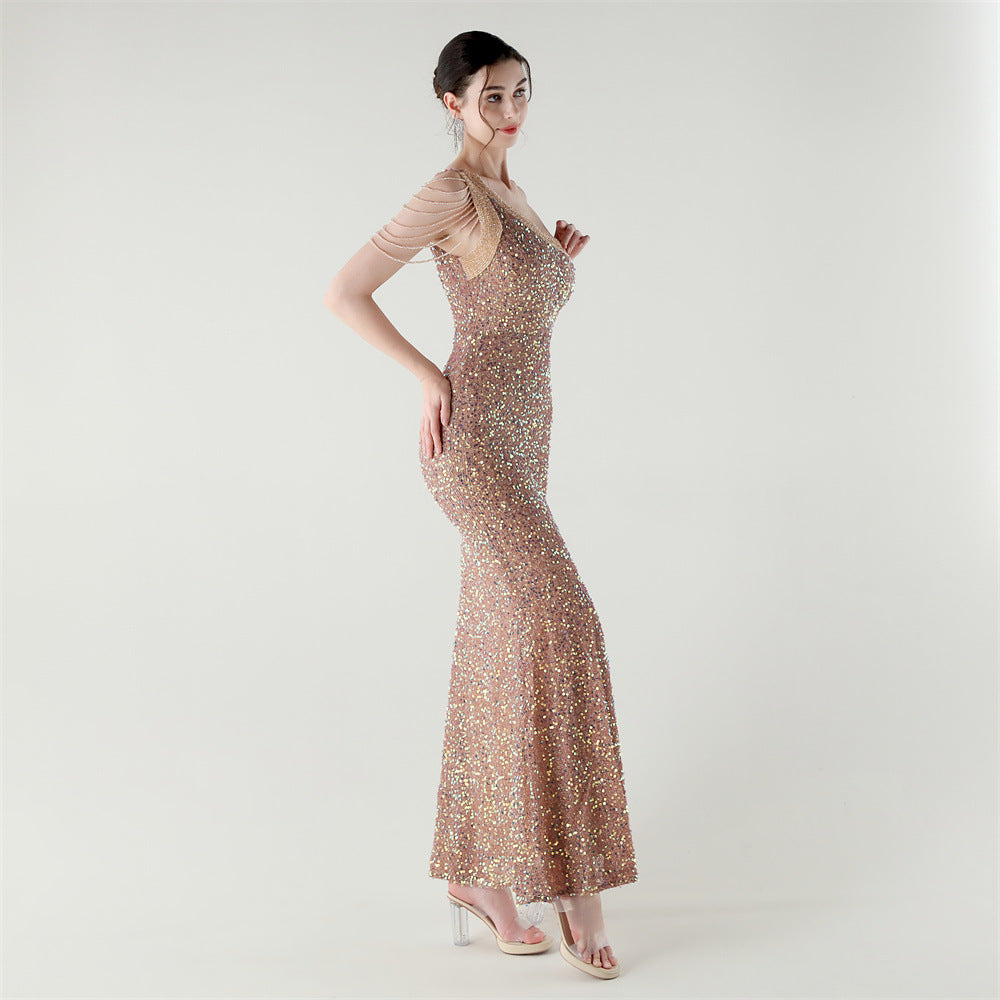 Champagne Radiance One-Shoulder Gown