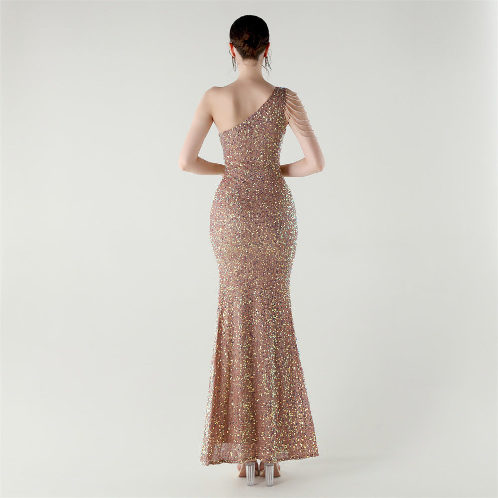 Champagne Radiance One-Shoulder Gown