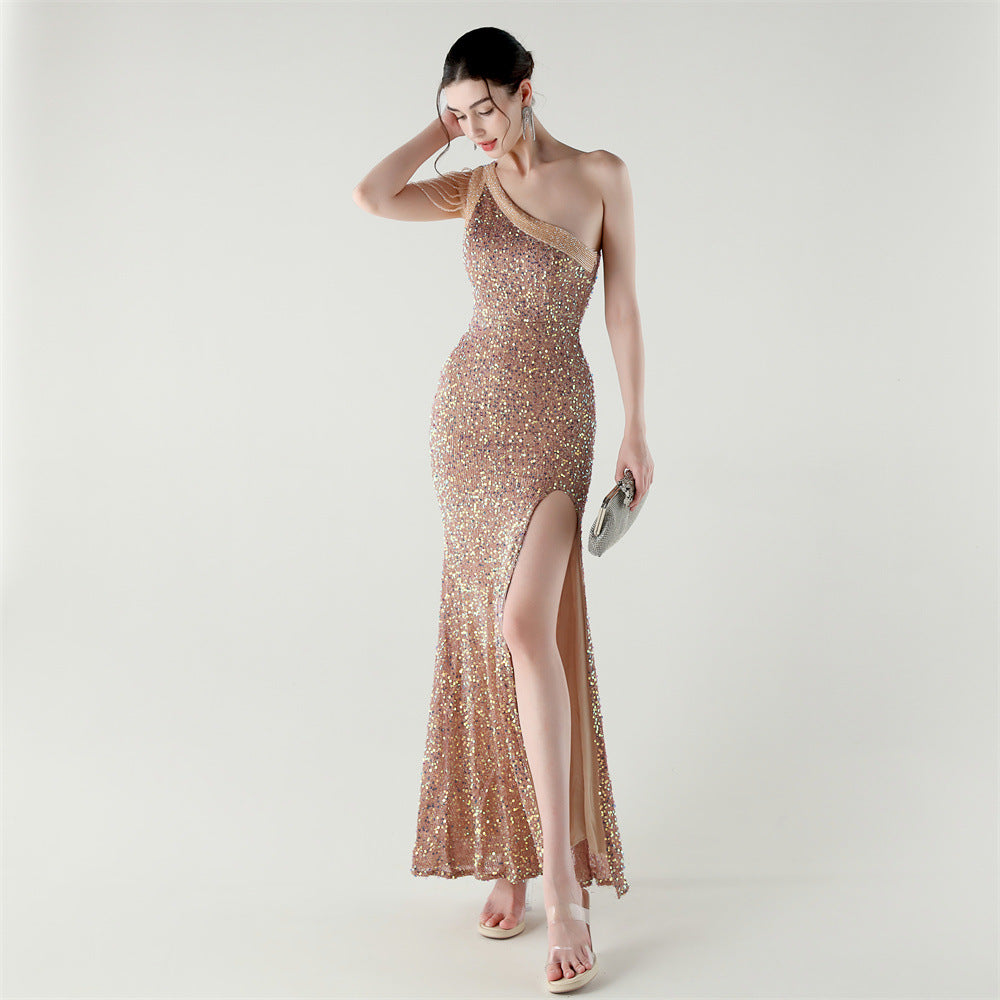 Champagne Radiance One-Shoulder Gown