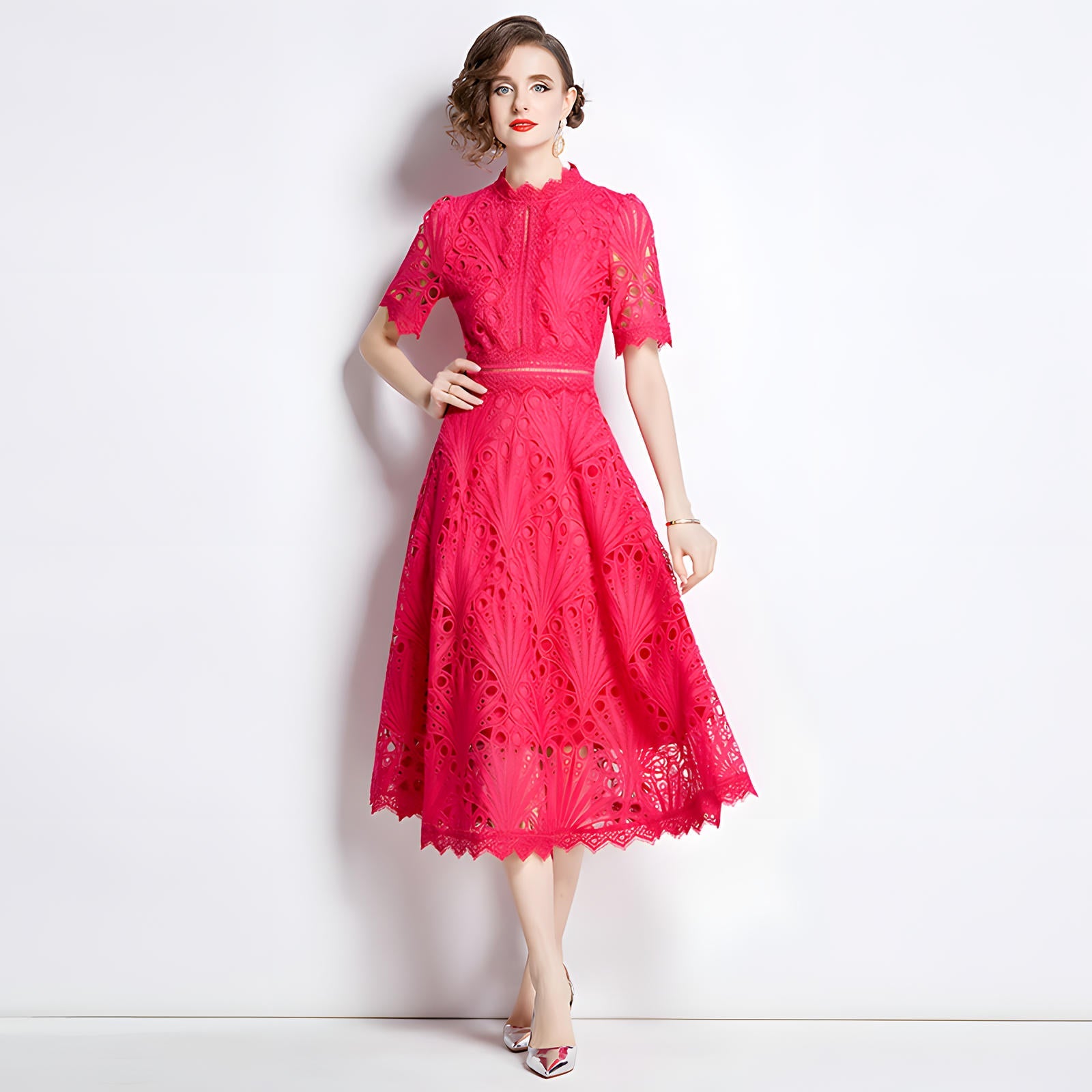 Luxury French Lace Jewel Neckline Rose Red Dress - NRJ-607#6947_ROS (EOSS)