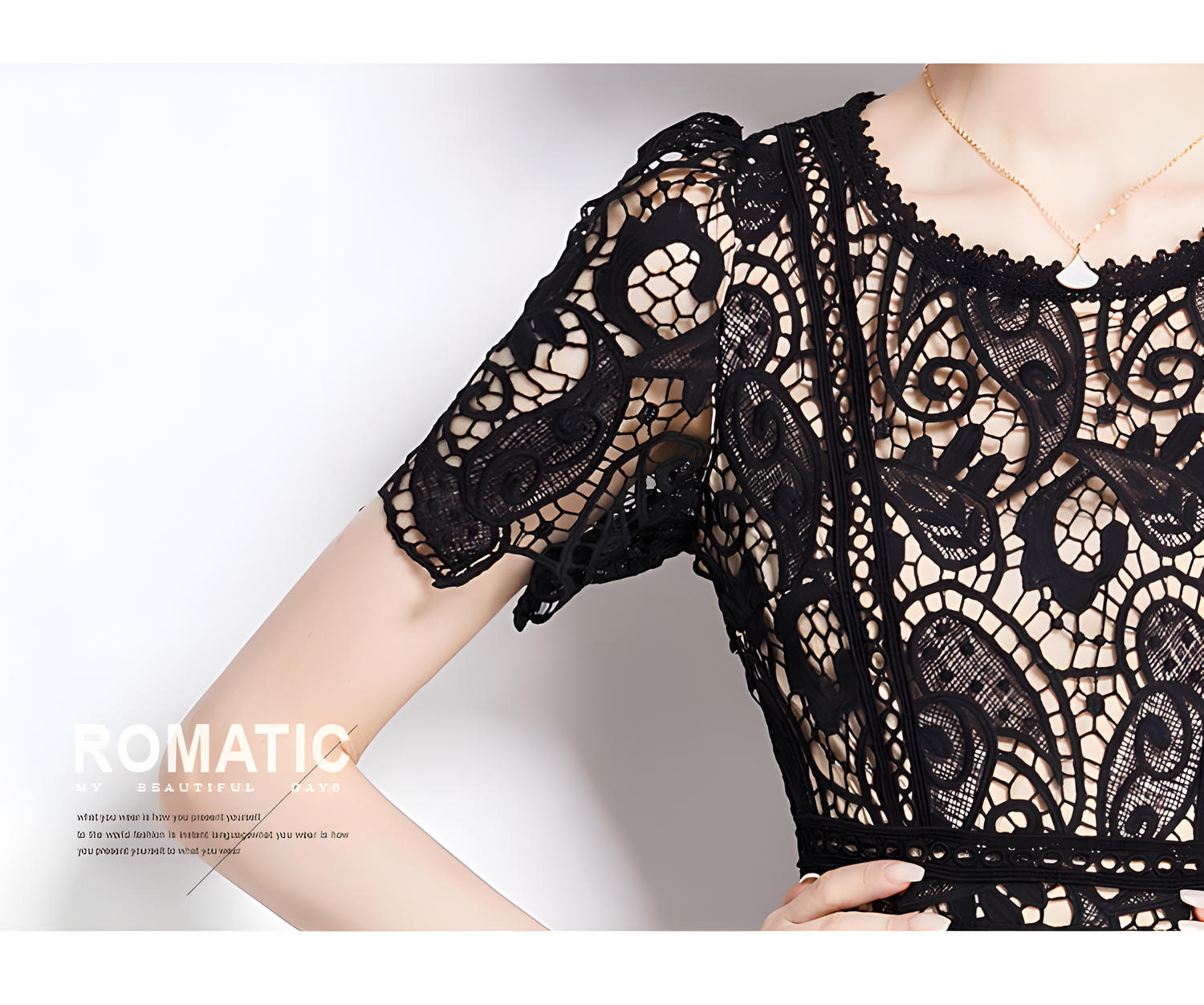 Crew Neck French Lace Nude and Black Dress - 800112389376_BAS