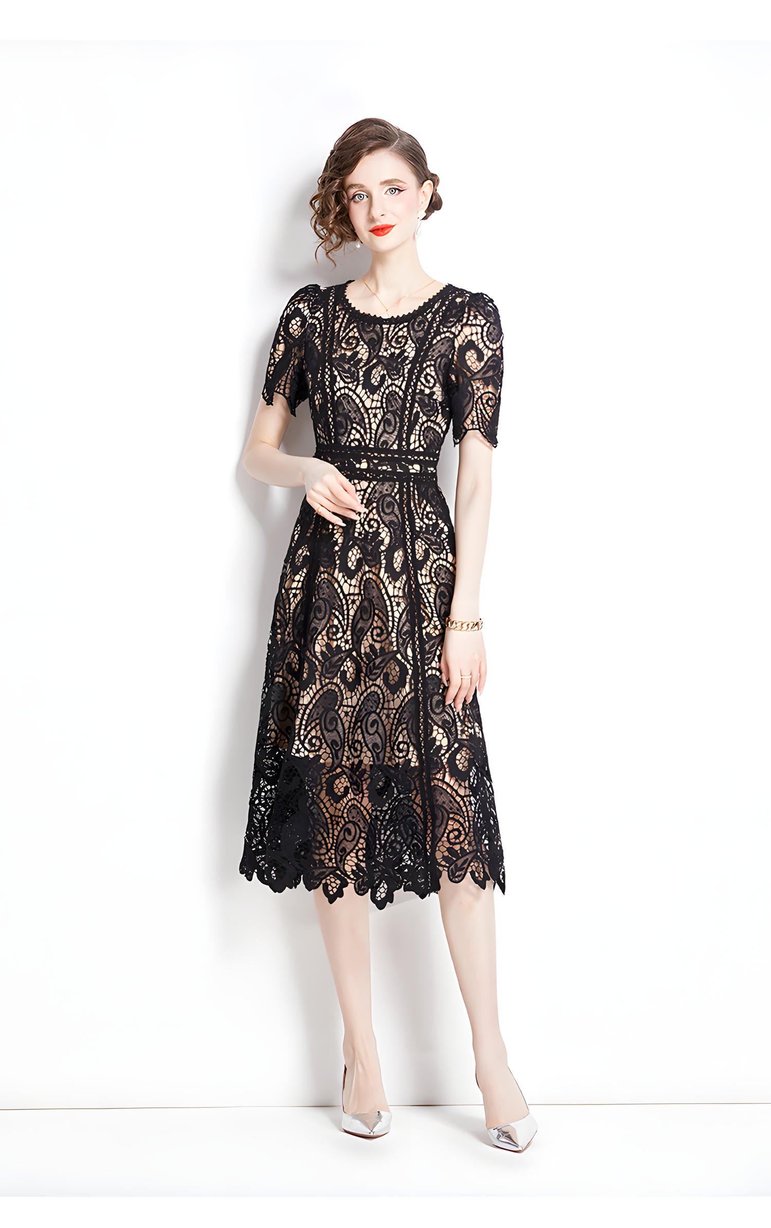 Crew Neck French Lace Nude and Black Dress - 800112389376_BAS
