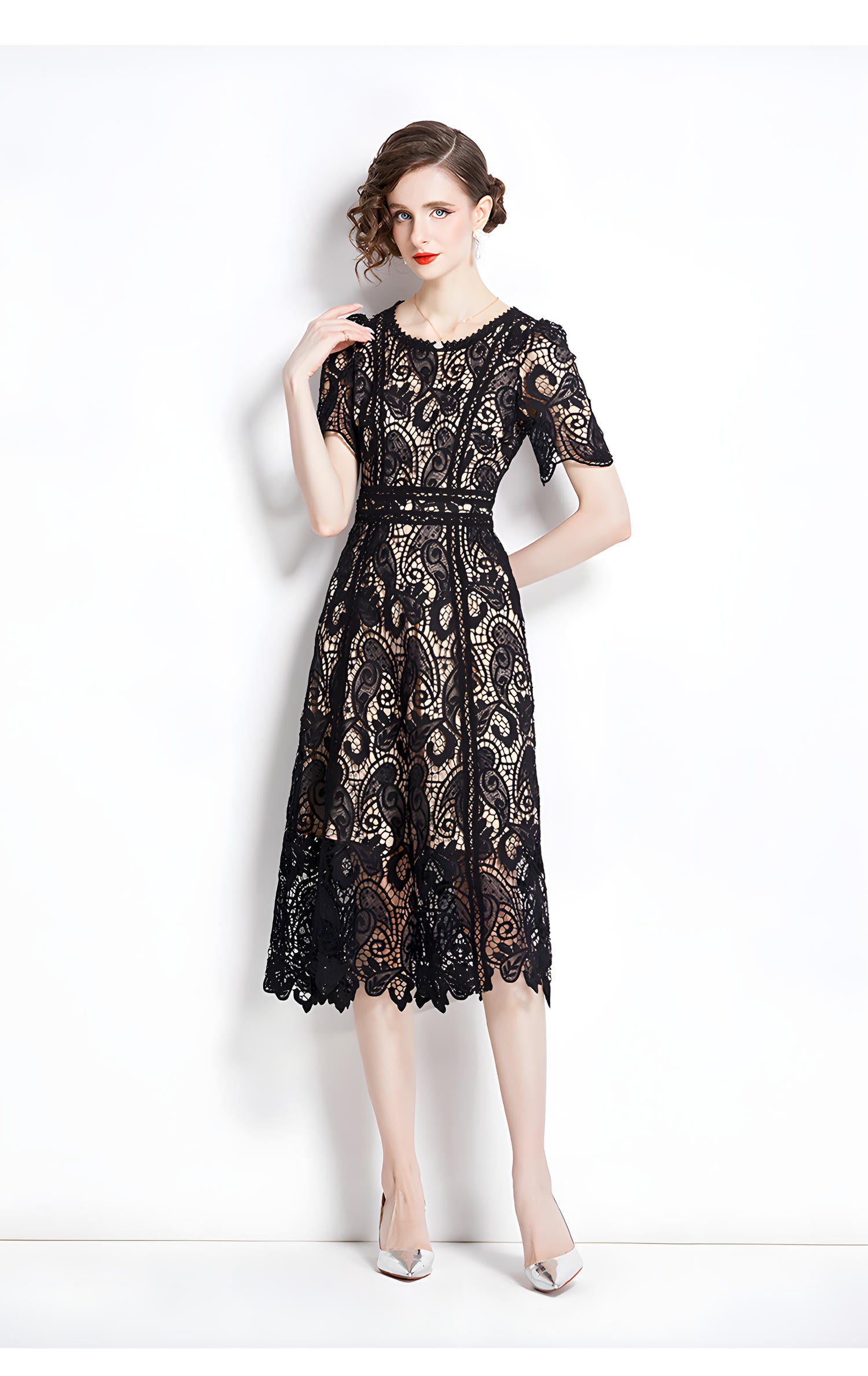 Crew Neck French Lace Nude and Black Dress - 800112389376_BAS