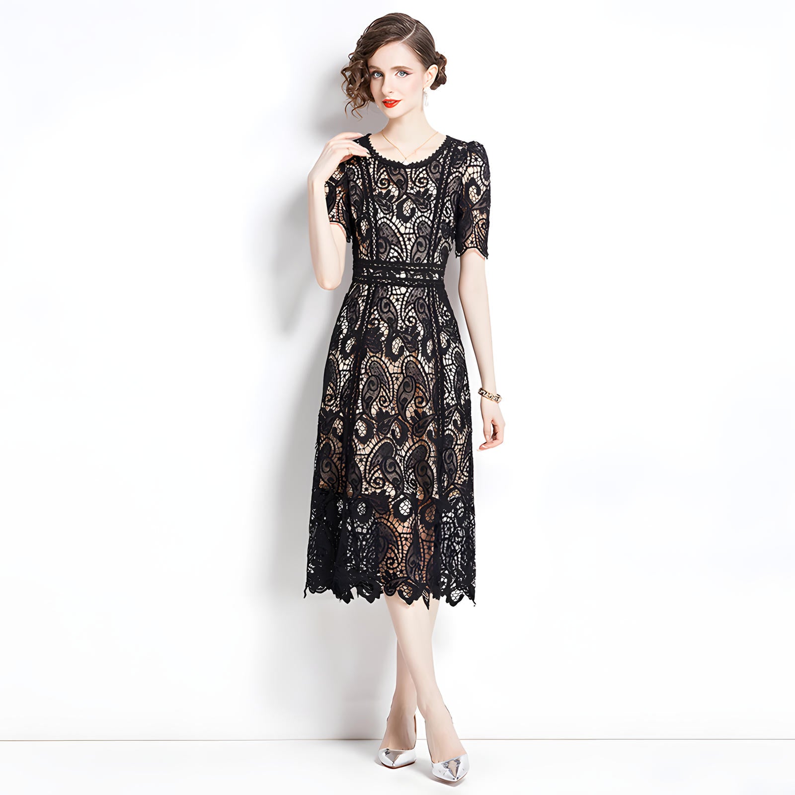 Crew Neck French Lace Nude and Black Dress - 800112389376_BAS