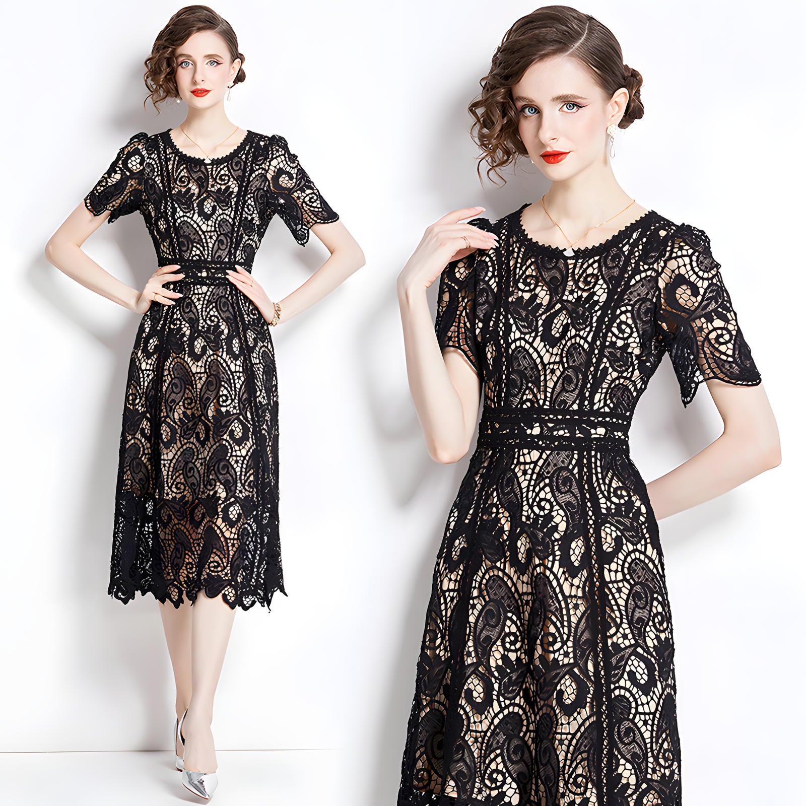 Crew Neck French Lace Nude and Black Dress - 800112389376_BAS