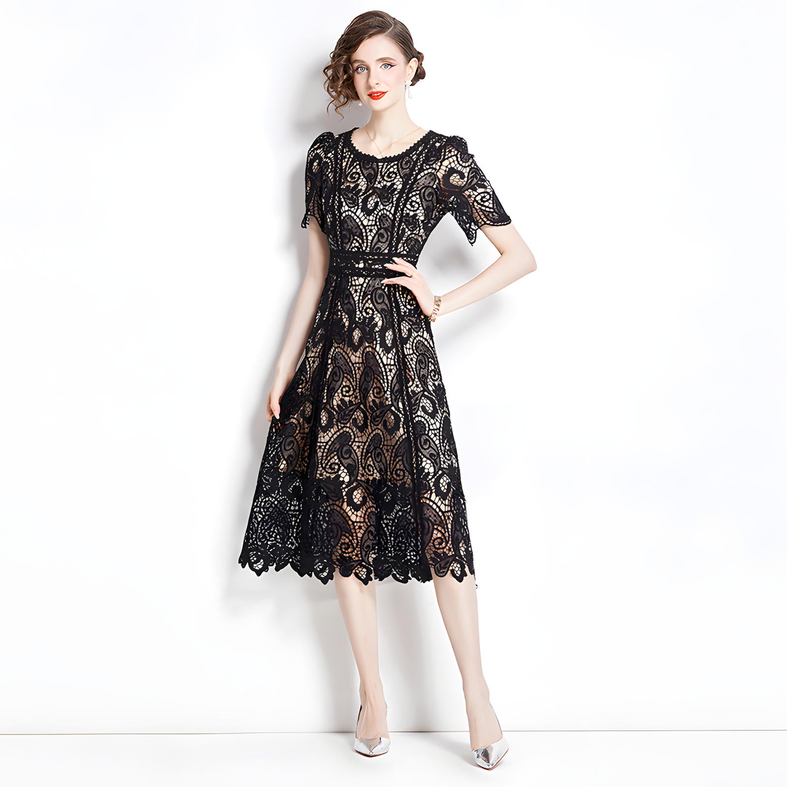 Crew Neck French Lace Nude and Black Dress - 800112389376_BAS