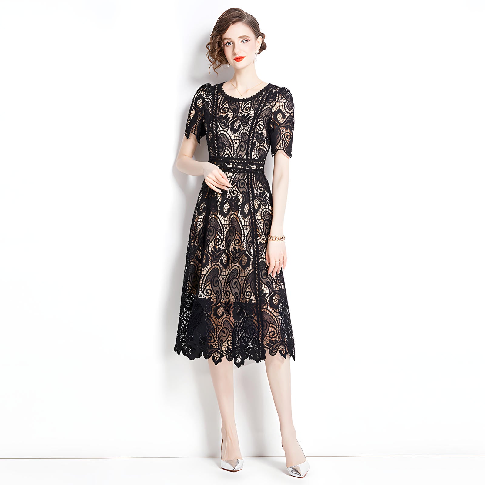 Crew Neck French Lace Nude and Black Dress - 800112389376_BAS