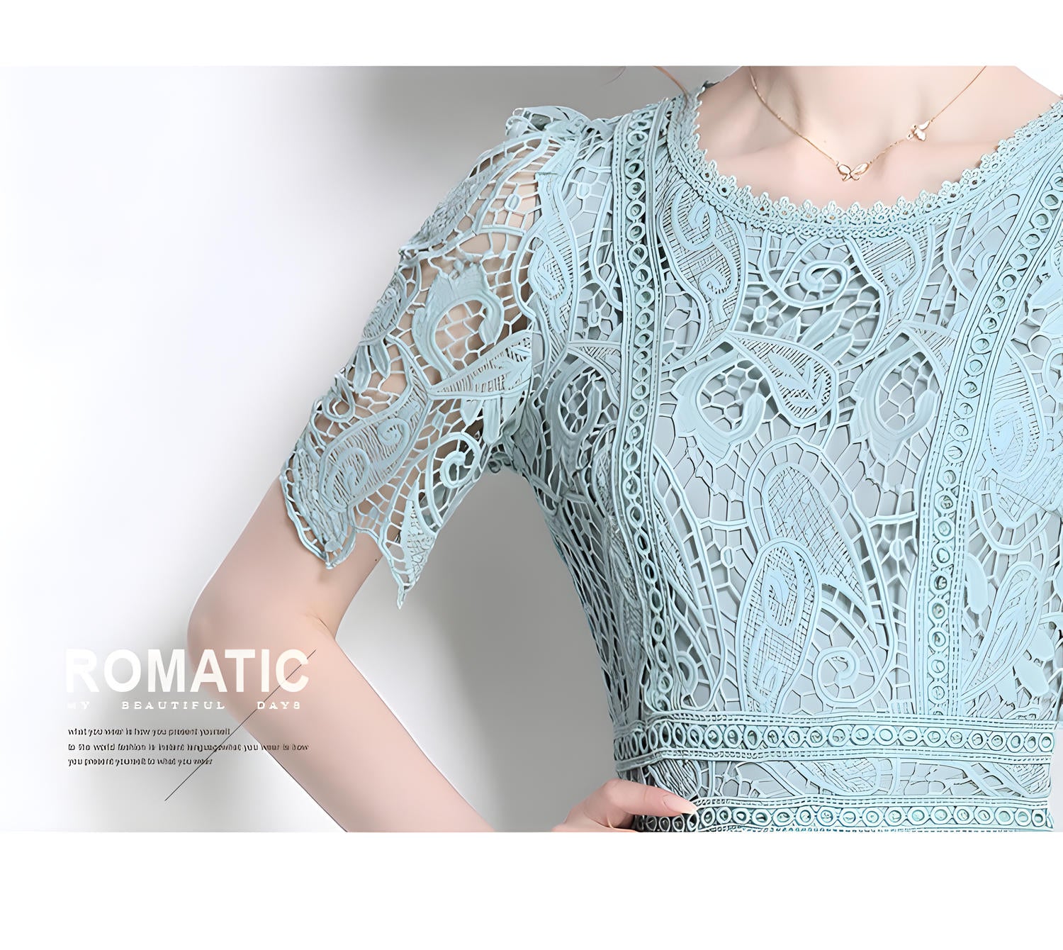 Crew Neck French Lace Green Dress - 800113333278_BAS