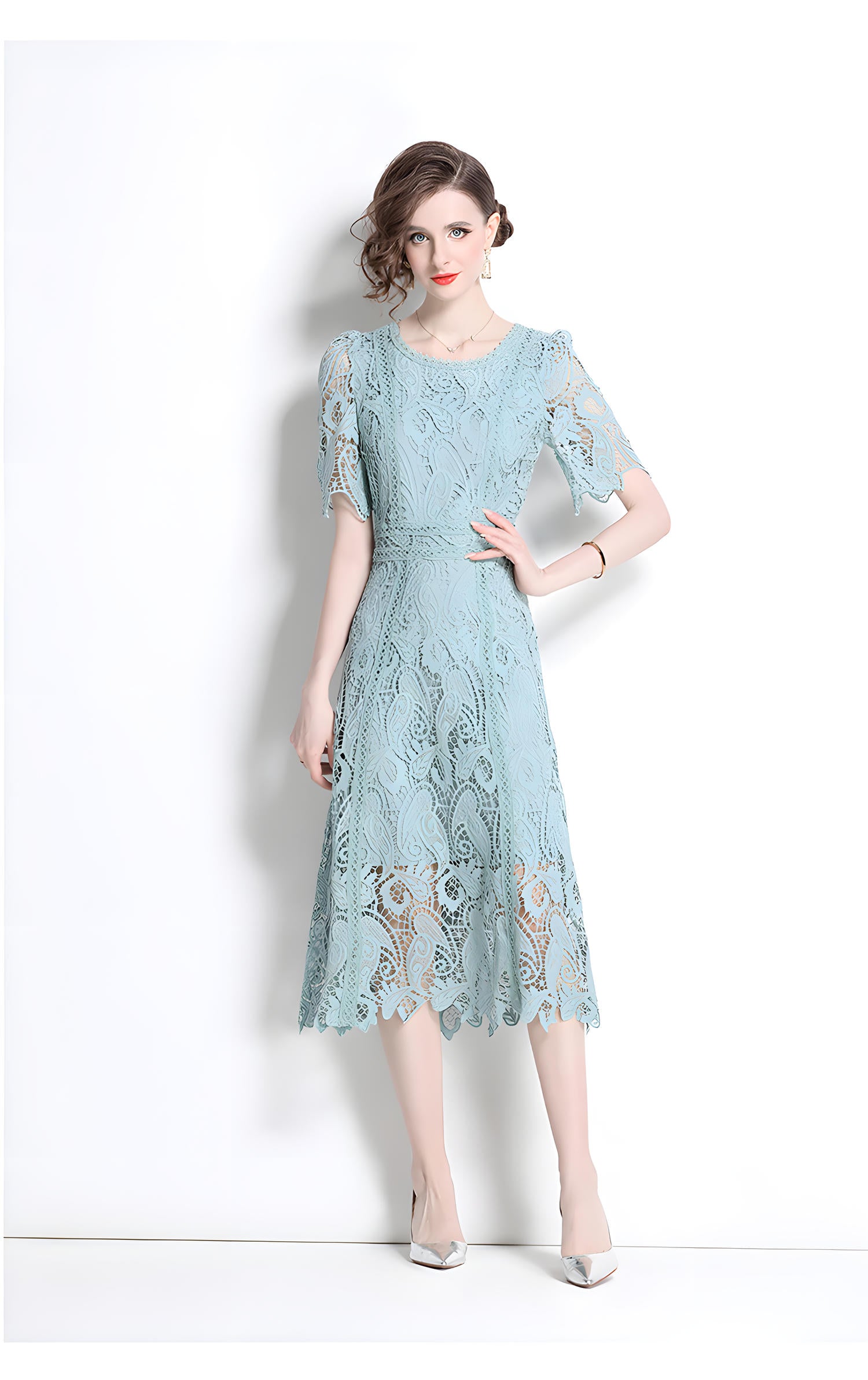 Crew Neck French Lace Green Dress - 800113333278_BAS