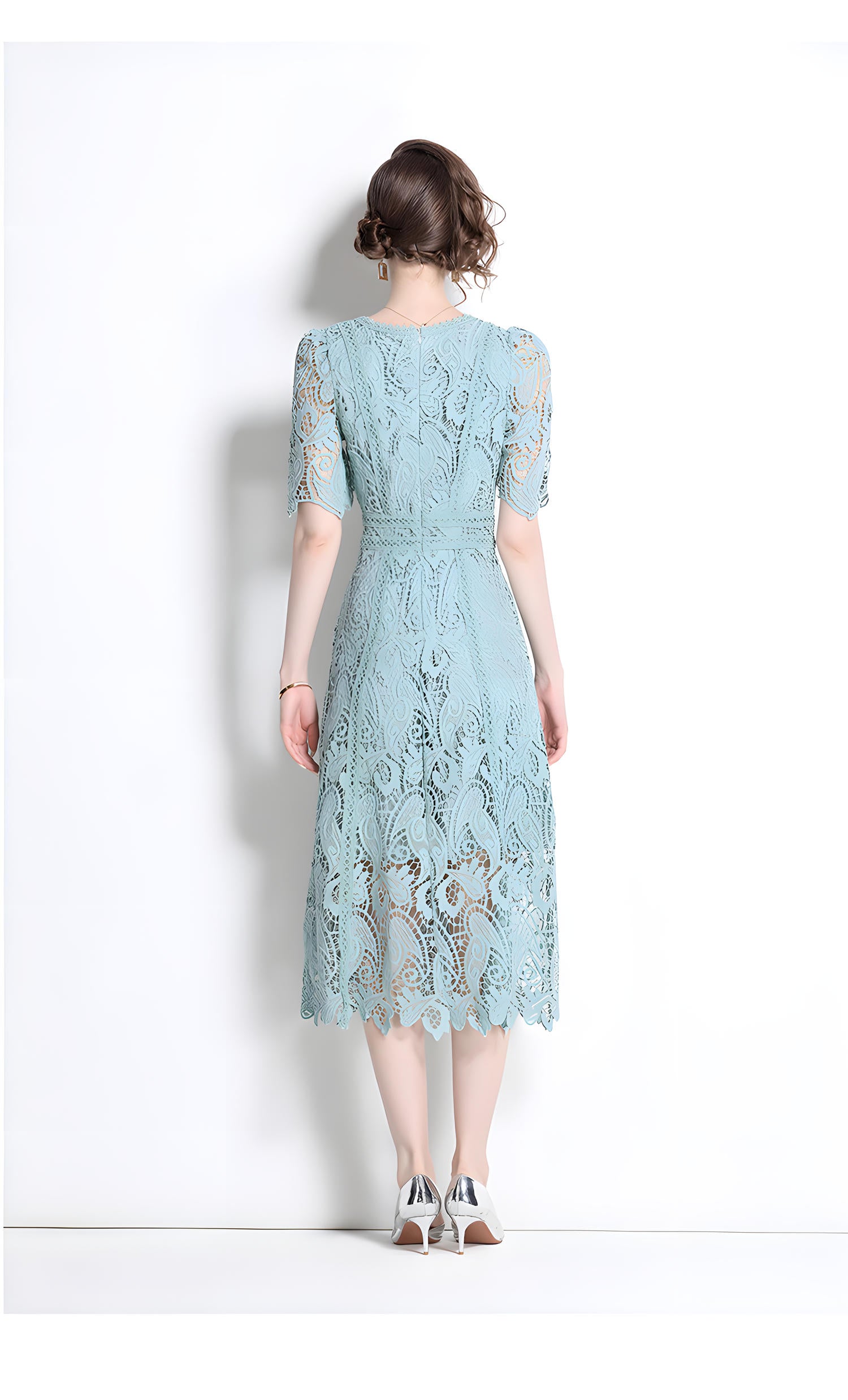 Crew Neck French Lace Green Dress - 800113333278_BAS
