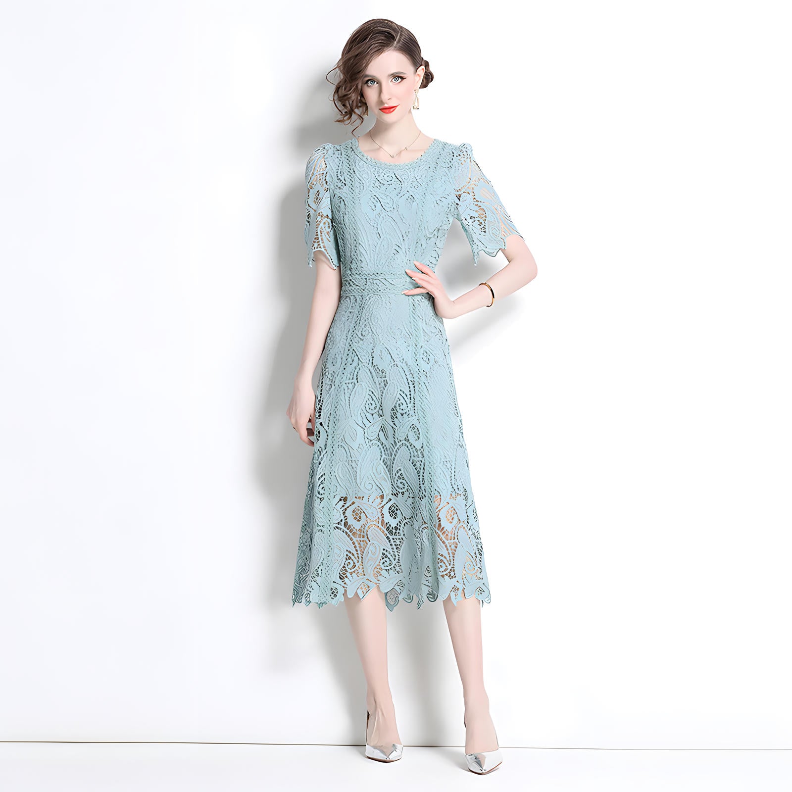 Crew Neck French Lace Green Dress - 800113333278_BAS