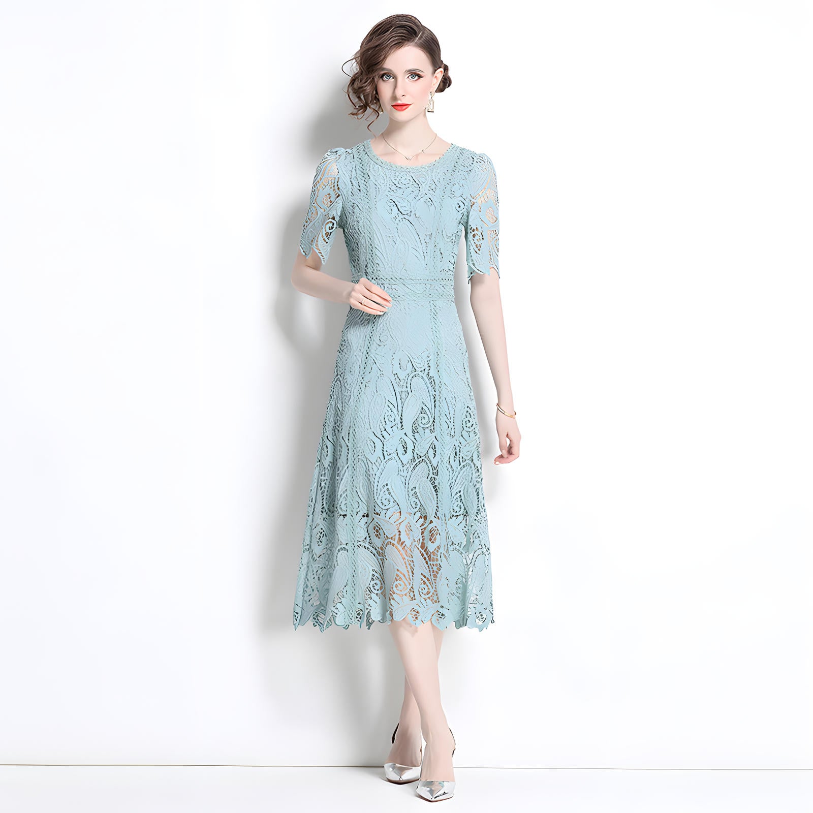 Crew Neck French Lace Green Dress - 800113333278_BAS