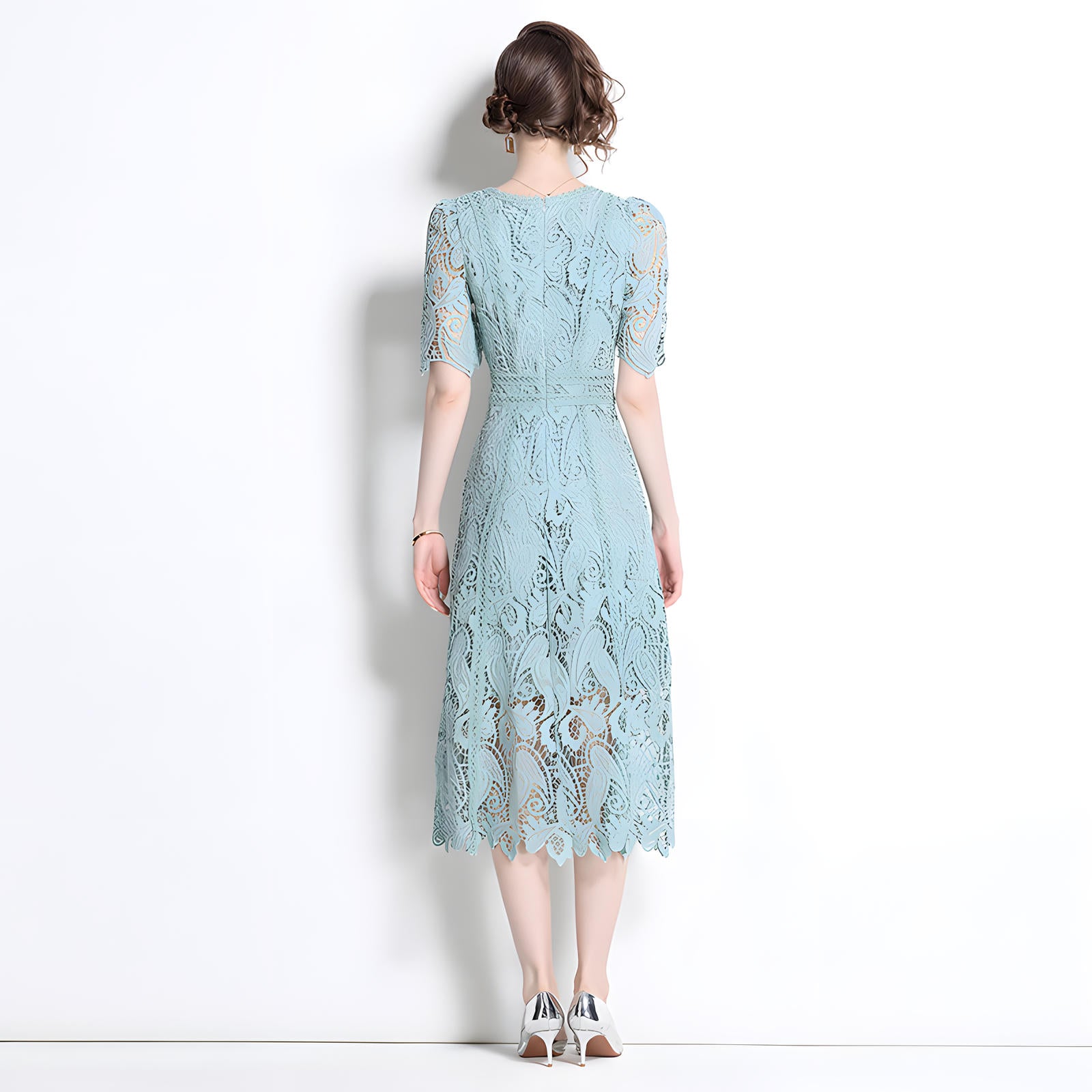 Crew Neck French Lace Green Dress - 800113333278_BAS