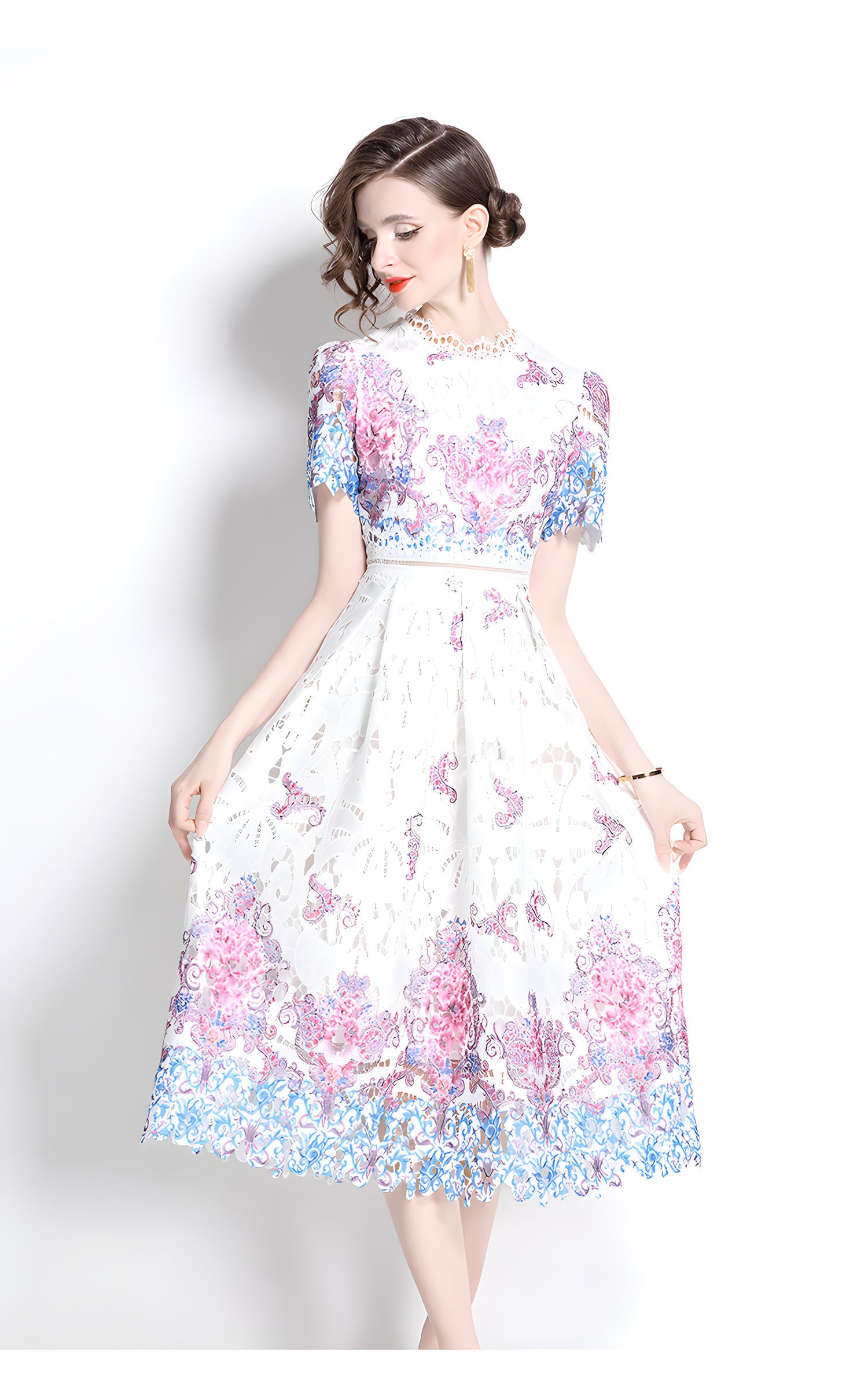 Printed Flower French Lace Jewel Neckline Dress - 800157056483_BAS