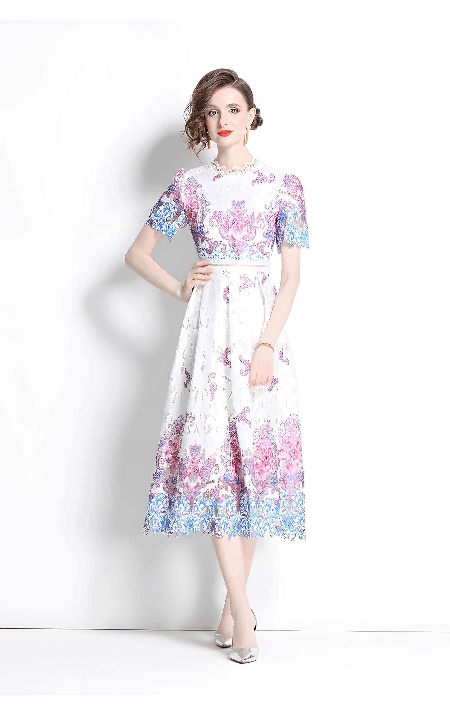 Printed Flower French Lace Jewel Neckline Dress - 800157056483_BAS