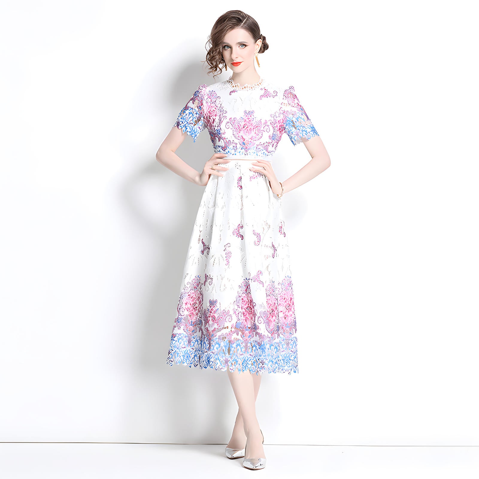 Printed Flower French Lace Jewel Neckline Dress - 800157056483_BAS
