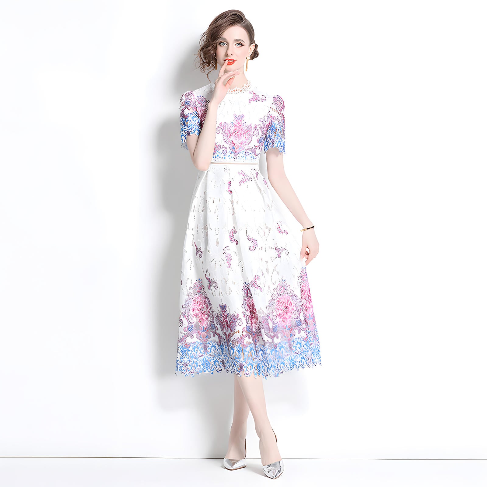 Printed Flower French Lace Jewel Neckline Dress - 800157056483_BAS