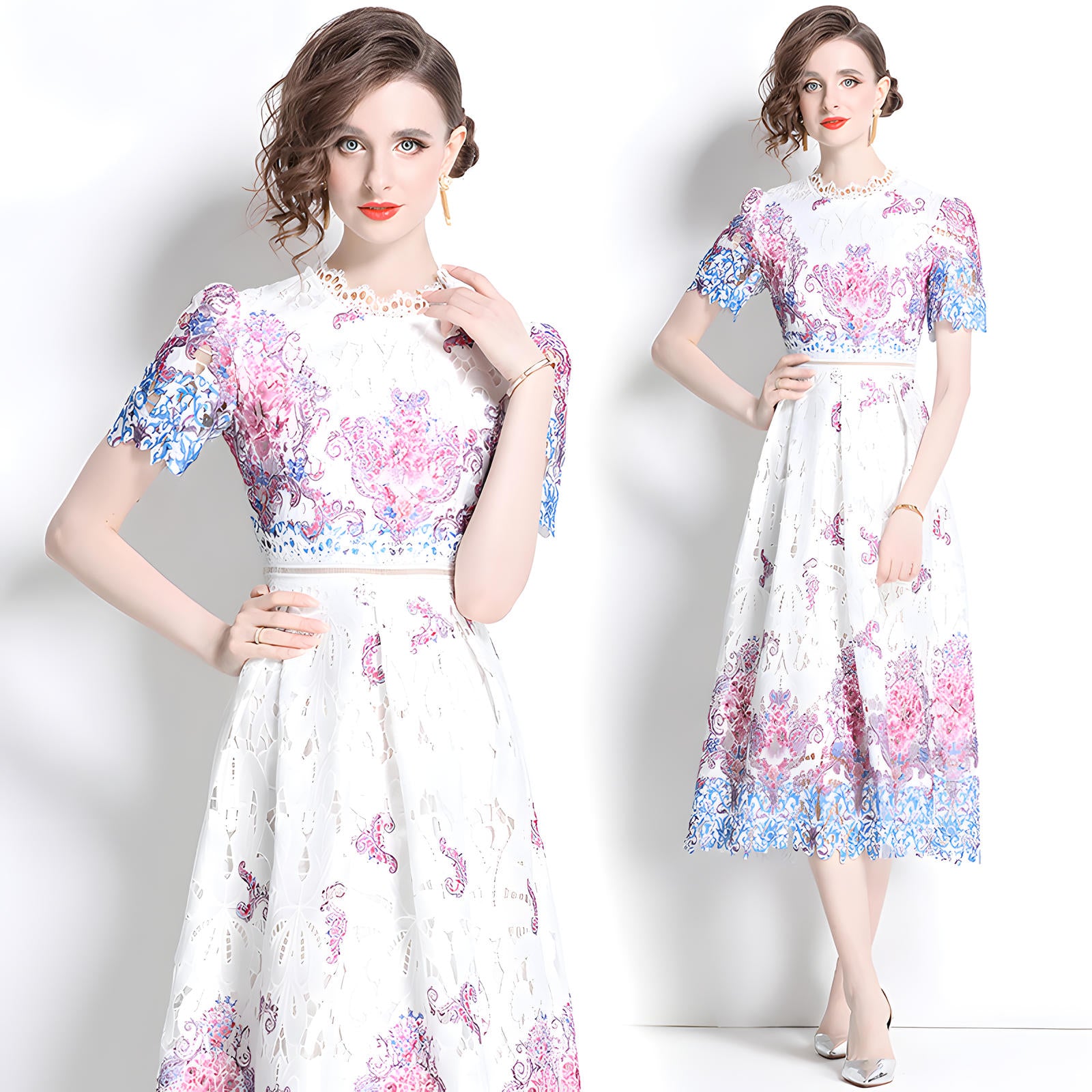 Printed Flower French Lace Jewel Neckline Dress - 800157056483_BAS