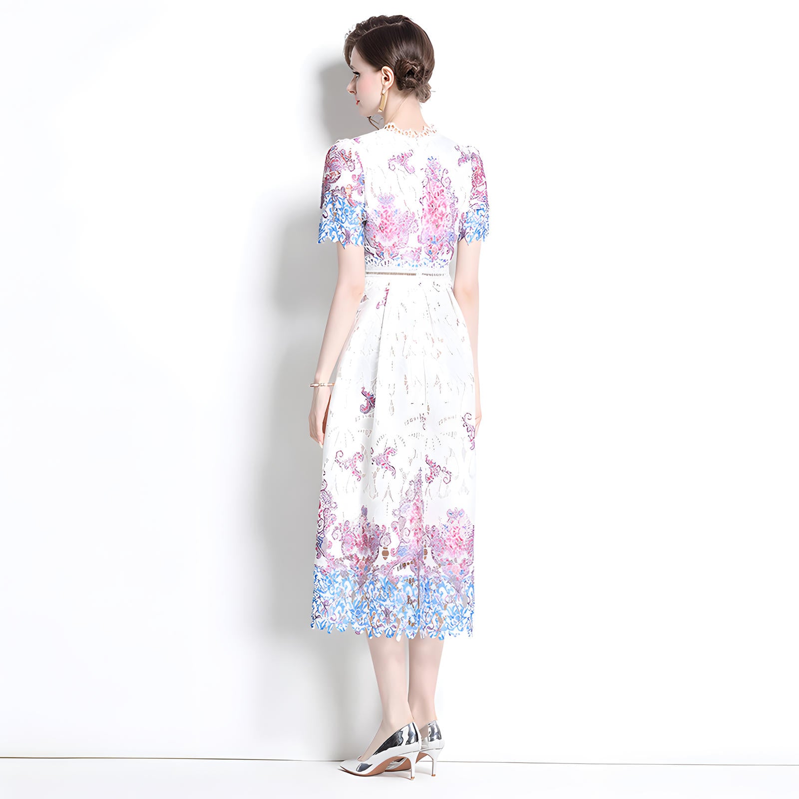 Printed Flower French Lace Jewel Neckline Dress - 800157056483_BAS